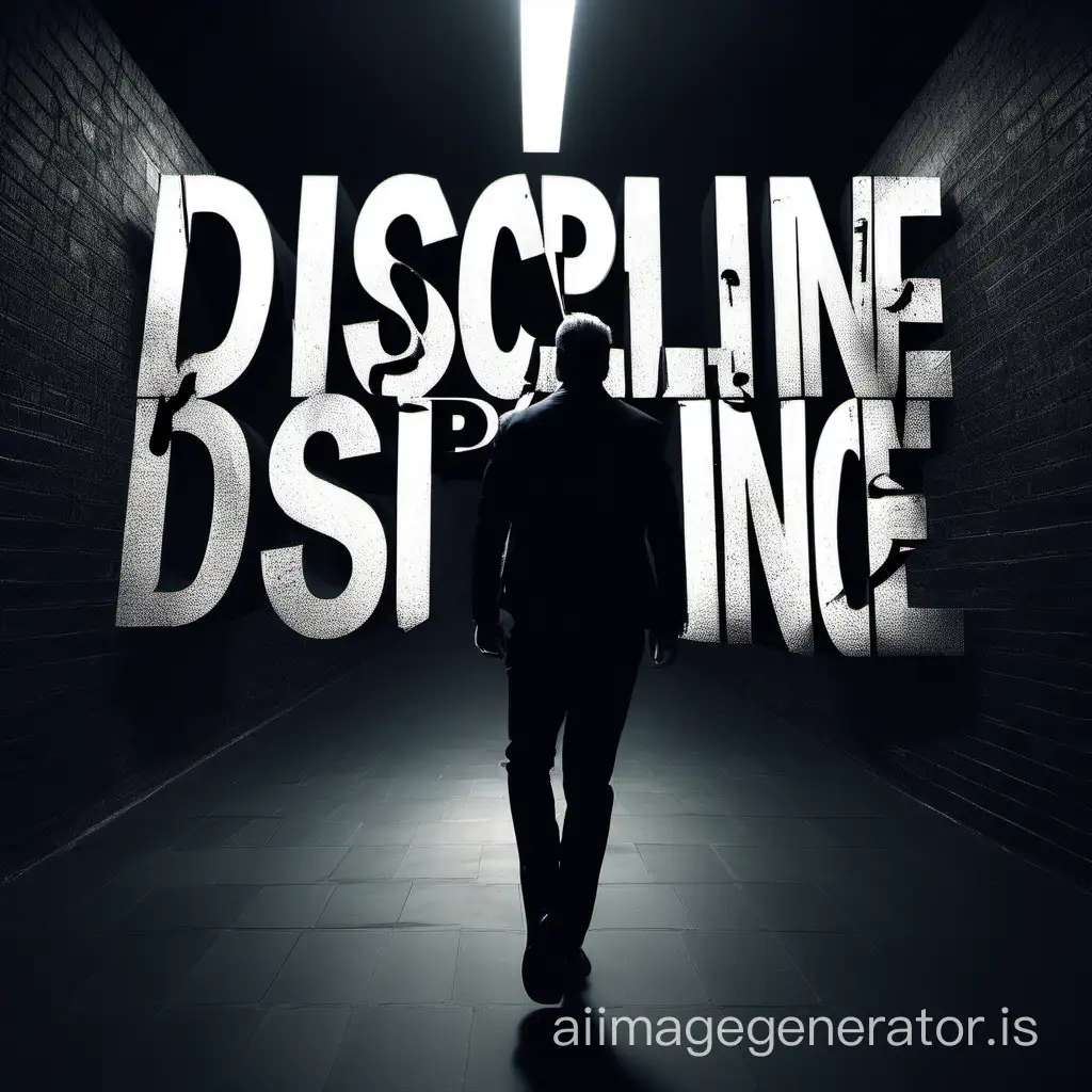 photo in which a man with Paul Mitchell hair walking alone representing discipline from back side, background black with DISCIPLINE written in small and filled with it. dynamic 4k wallpaper