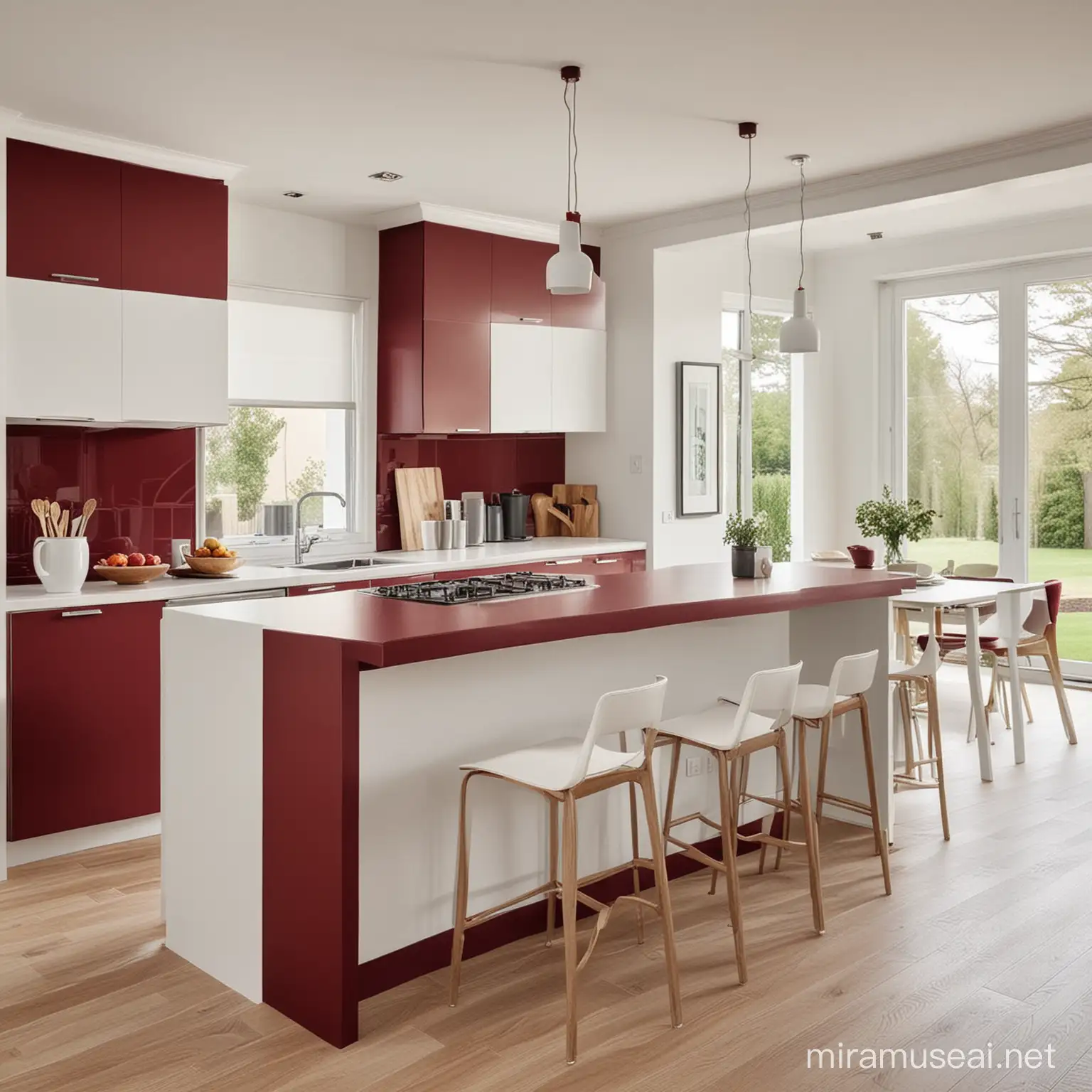 Modern UShaped Kitchen Design in Maroon and White