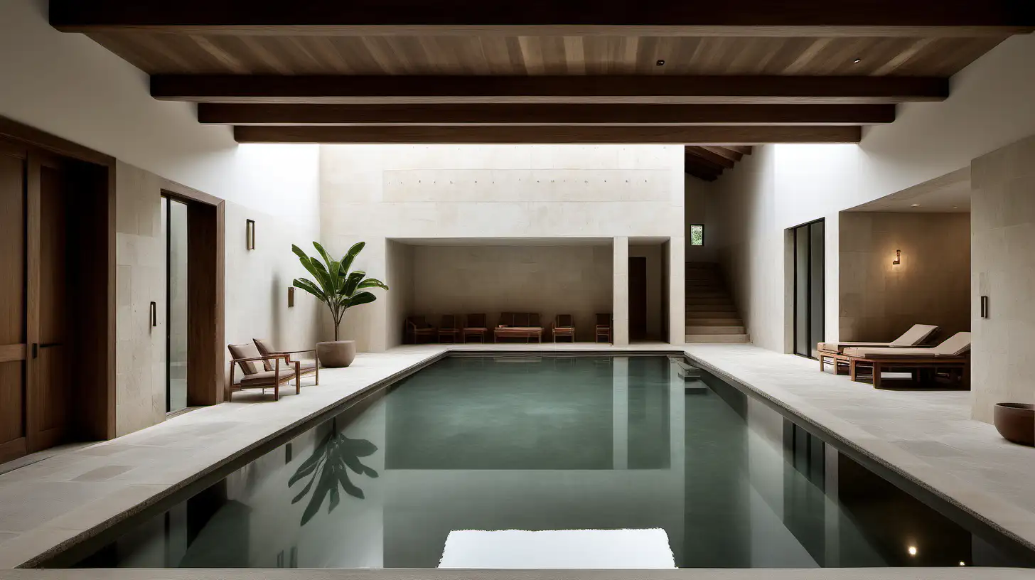 a large estate home indoor pool in organic minimalist japandi style; limewashed walls, limestone floor, walnut wood