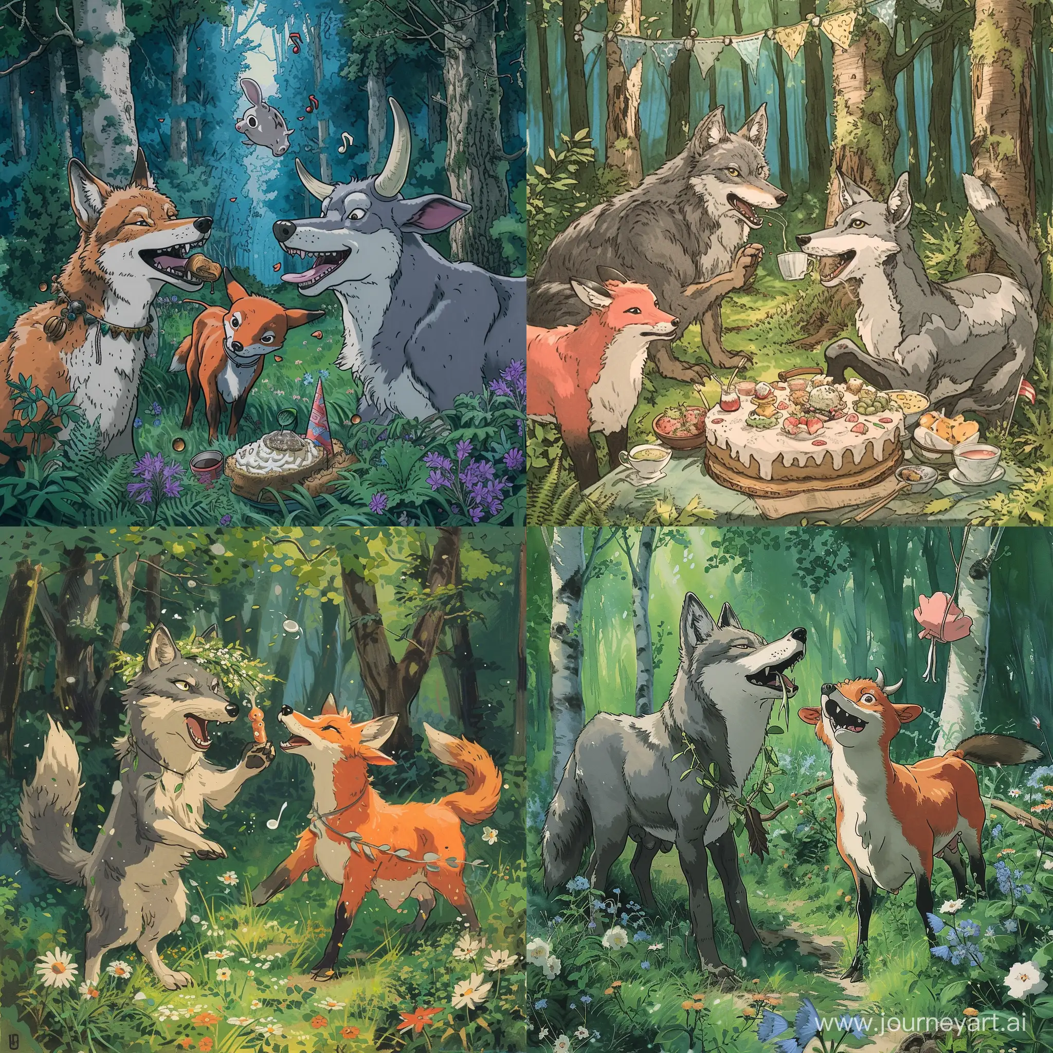 A wolf， a fox and a cow are having a party in the forest， high detail， hyperquality， studio Ghibli ， –s 250 –ar 3:4 –v 5.2