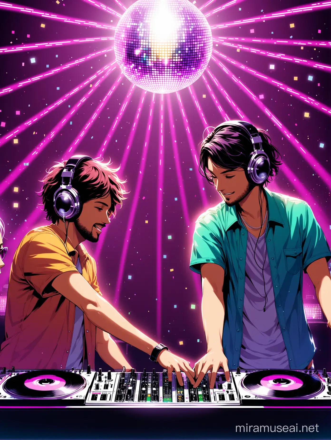 Two
 friends playing as djs in a bar under a disco ball