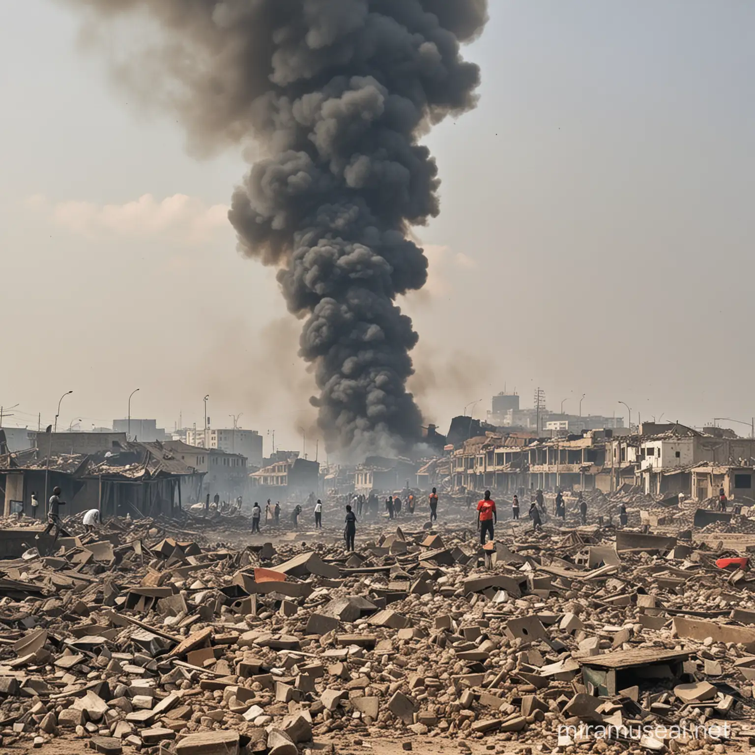 City of Lagos, Nigeria in smoking, burning, rubble of ruins EVERYWHERE.