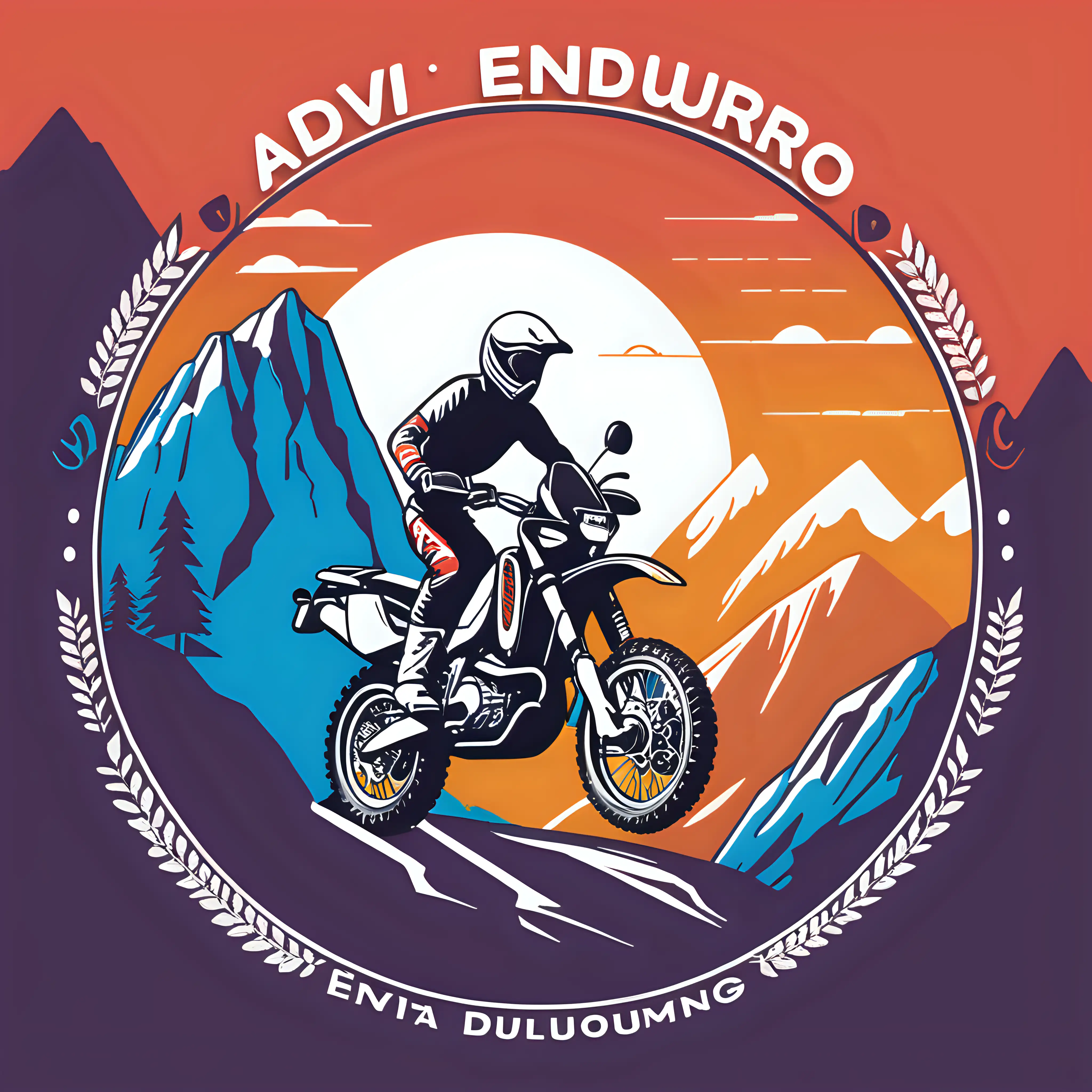 A vivid round logo with the word ADVENDURO in it, that shows a  motorbike and a rider climbing a mountain.