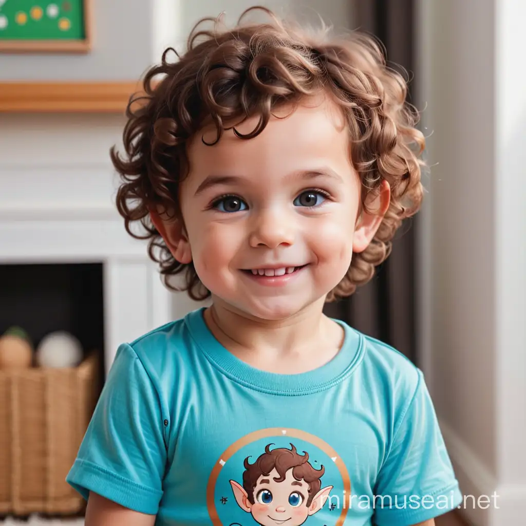 a toddler boy with a round face, elf ears, big brown eyes, no makeup, smiling, and fluffy curly brown hair, wearing a blue tee shirt. 