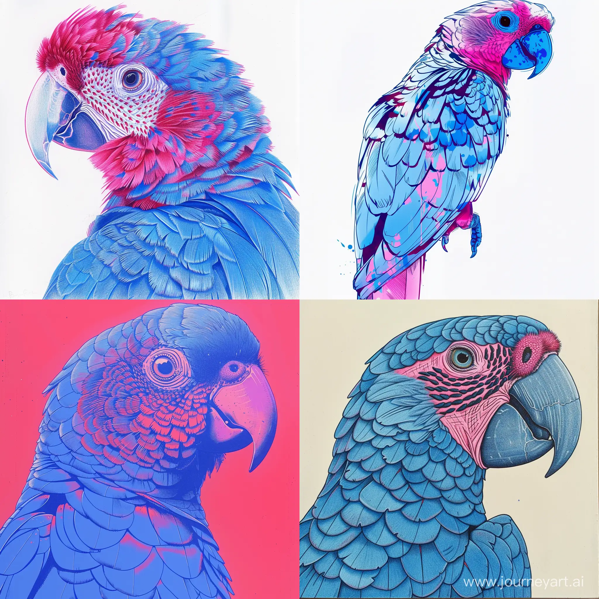 Рисунок попугая в синем цвете и розовом
