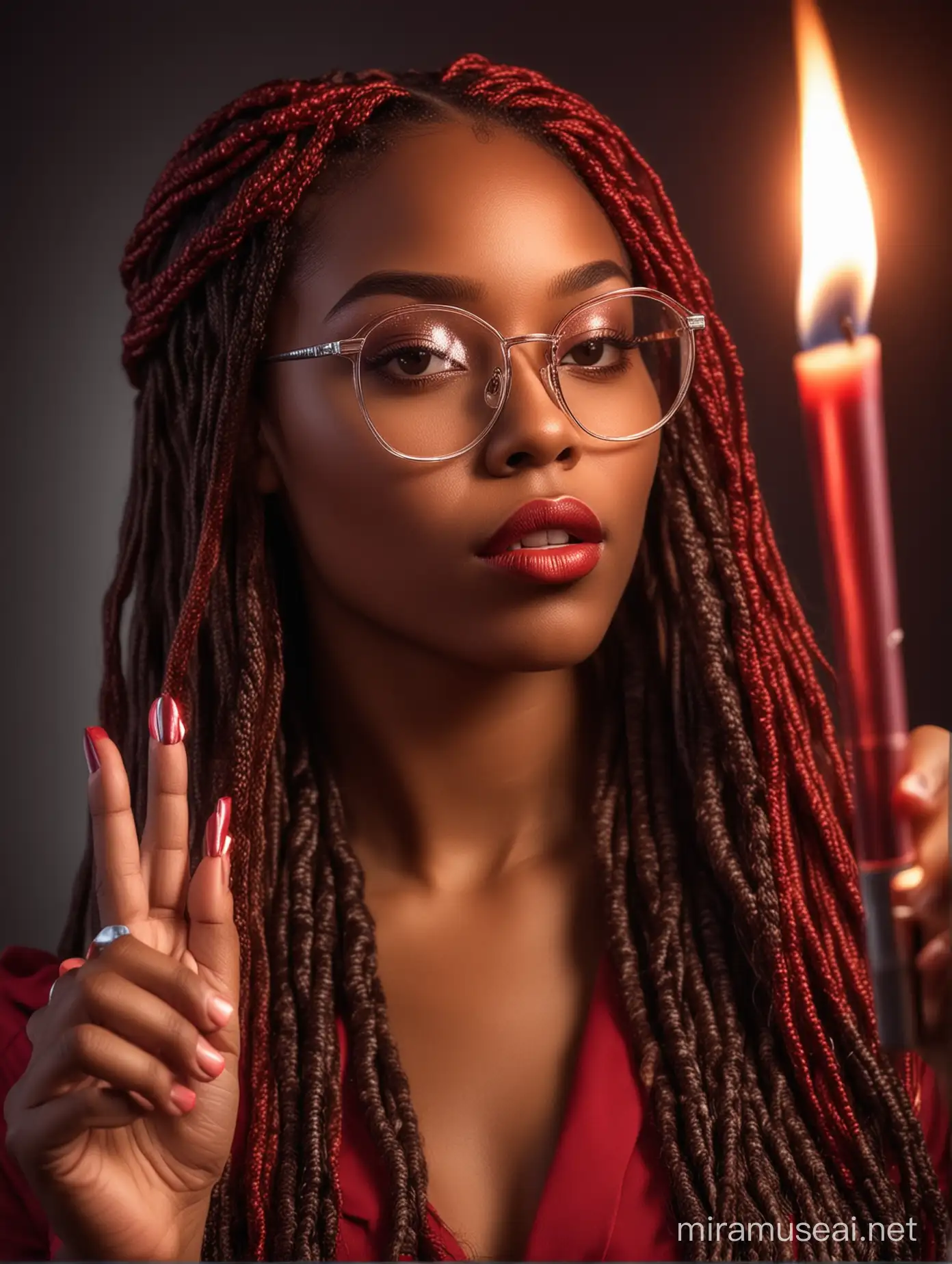 African American Woman with Red Braids Lighting a Flame
