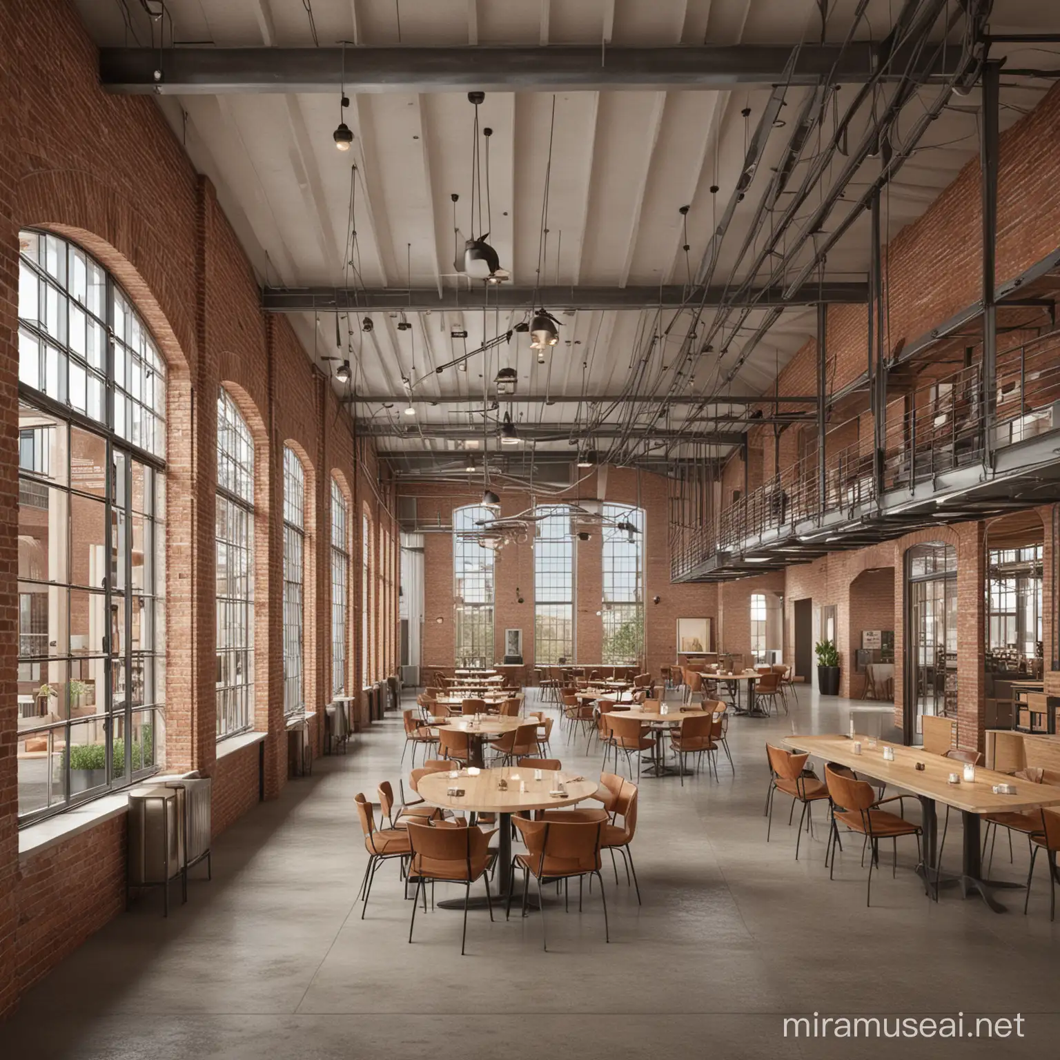 Create an evocative architectural visualization capturing the essence of our adaptive reuse project within the historic Crunden Martin buildings in Gateway South, St. Louis. Focus on a dynamic two-story space that integrates stepped seating for collaborative gatherings and presentations, while also incorporating areas for clients to view prefabricated components up close. Infuse the scene with a sense of modernity juxtaposed with the building's historical charm, showcasing the seamless fusion of past and present in our design vision.