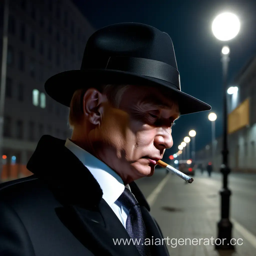 путин грустный курит на улице ночью в черной шапке