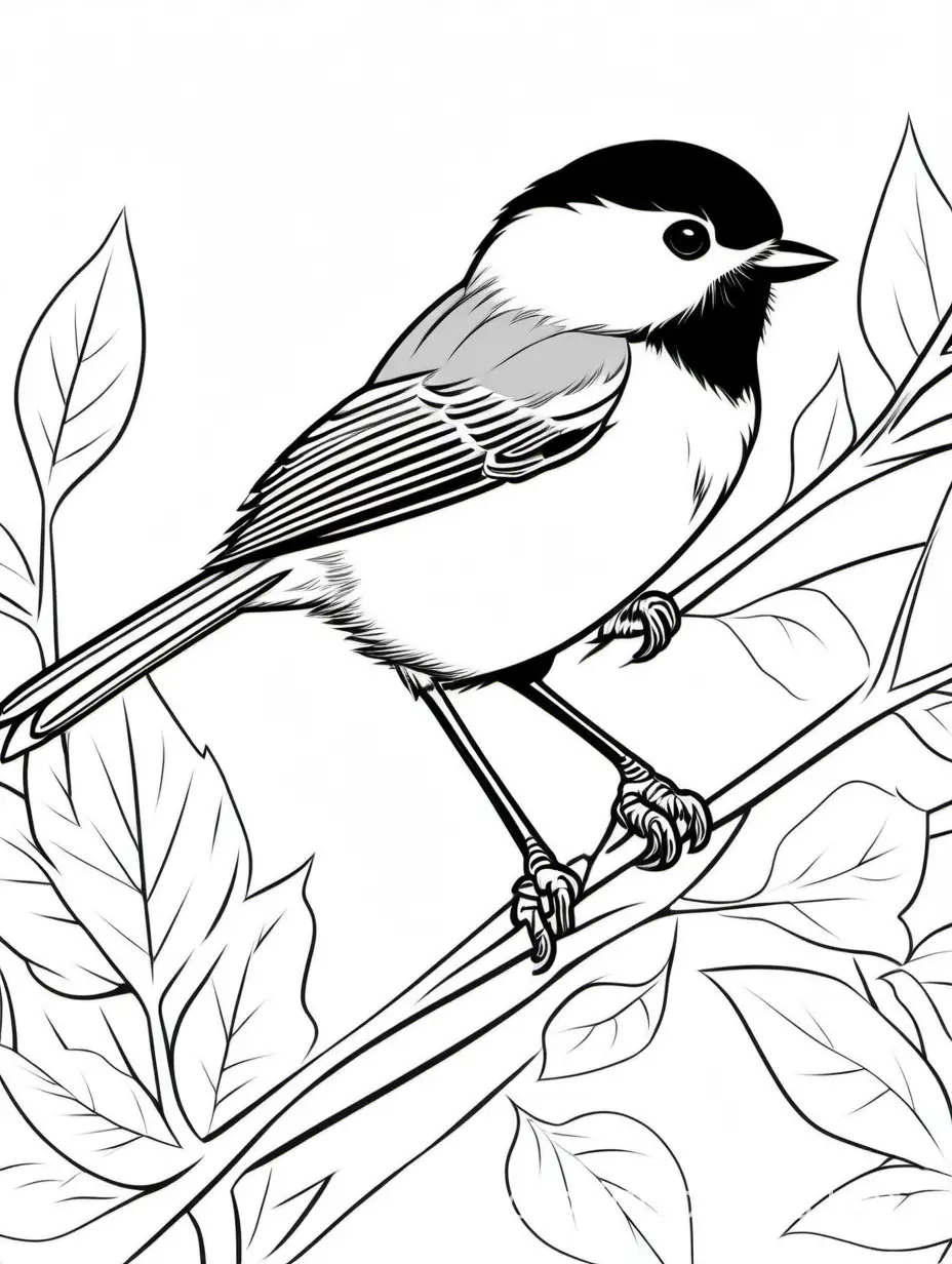 Black-capped Chickadee, Coloring Page, black and white, line art, white background, Simplicity, Ample White Space. The background of the coloring page is plain white to make it easy for young children to color within the lines. The outlines of all the subjects are easy to distinguish, making it simple for kids to color without too much difficulty