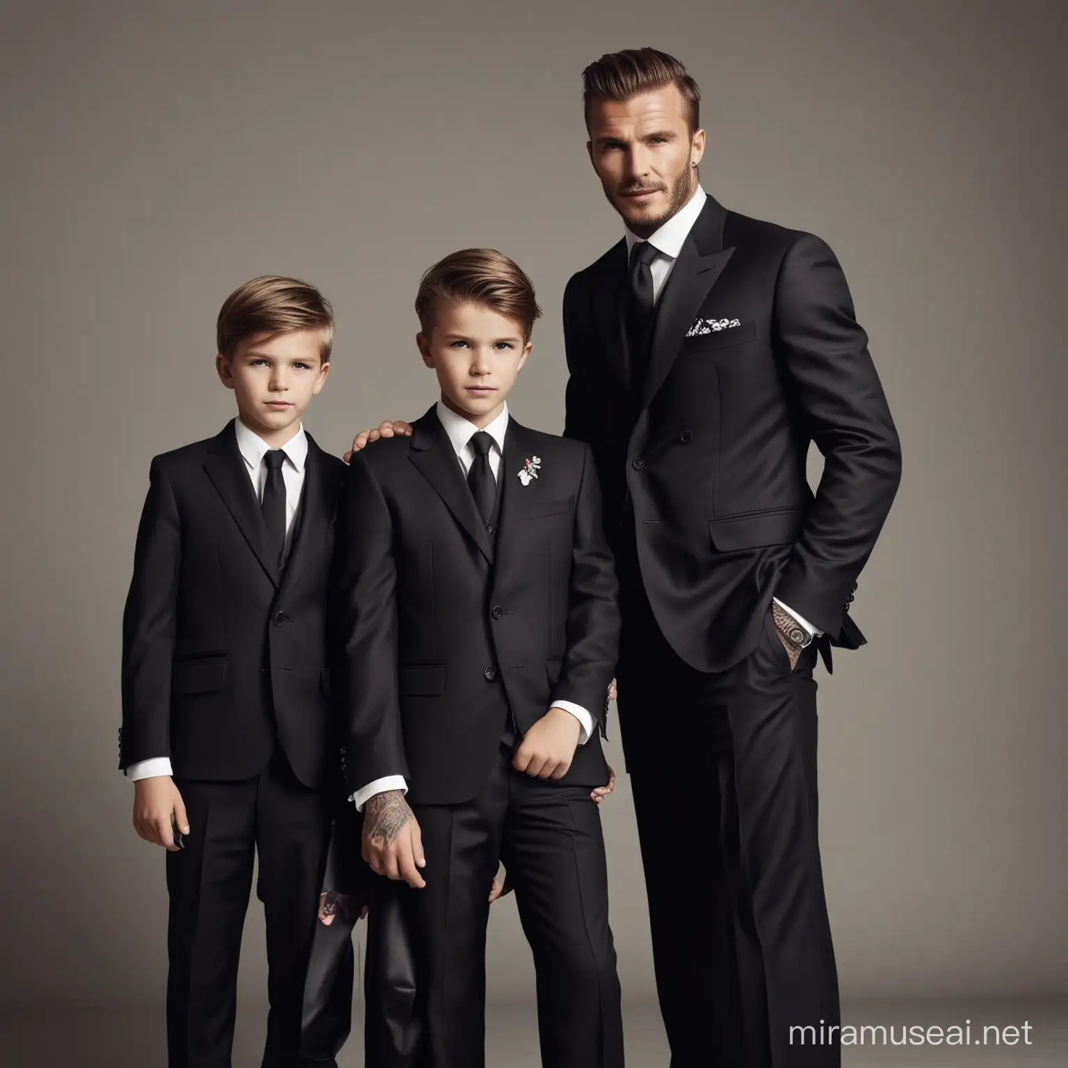 Create an image featuring david beckham and his children, both dressed in Balenciaga outfits. Ensure that the clothing reflects the brand's distinctive style while being suitable for a warm and modern family atmosphere. Showcase the special bond between father and son in this elegant representation of fashion and fatherhood.