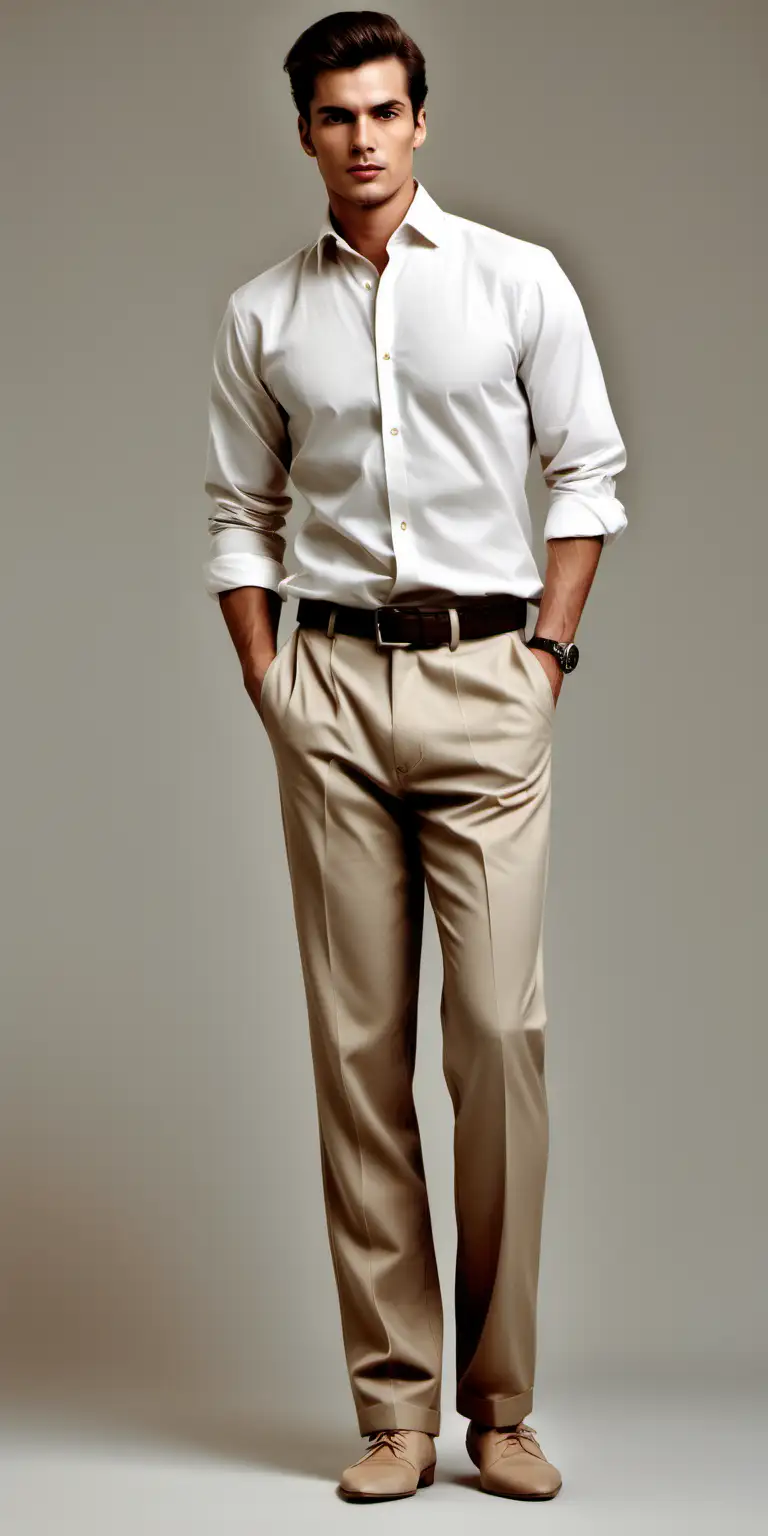 Contemporary Mens Fashion Beige Classic Trousers and White Shirt Ensemble