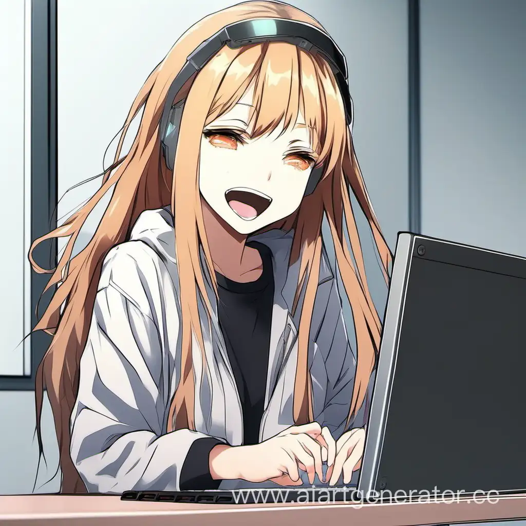 
Девочка смотрит мемы  на пк и смееться аниме
