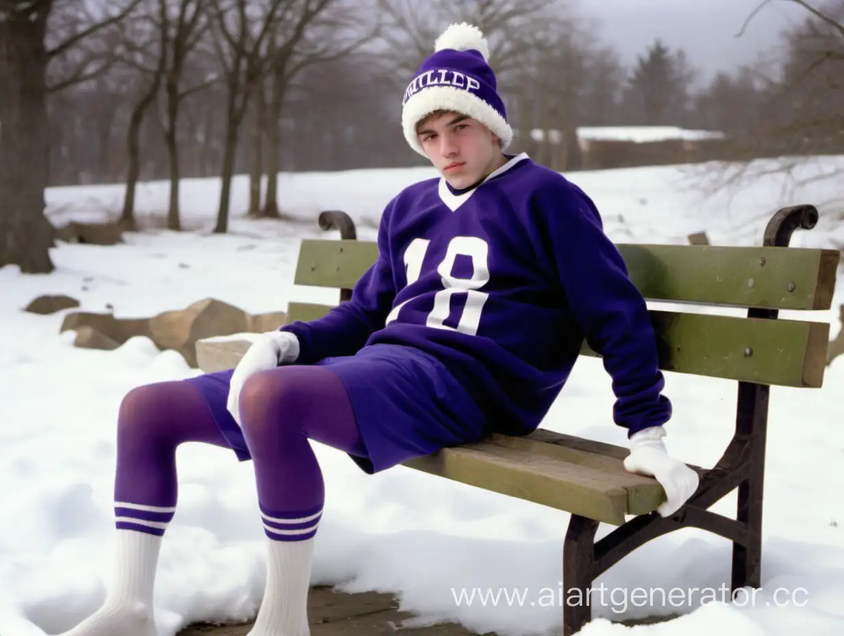 un garçon de 18 ans portant unune maillot de football et des collants violets  et des chaussettes blanches et un bonnet en laine allongé sur un banc dans un paysage d'hiver