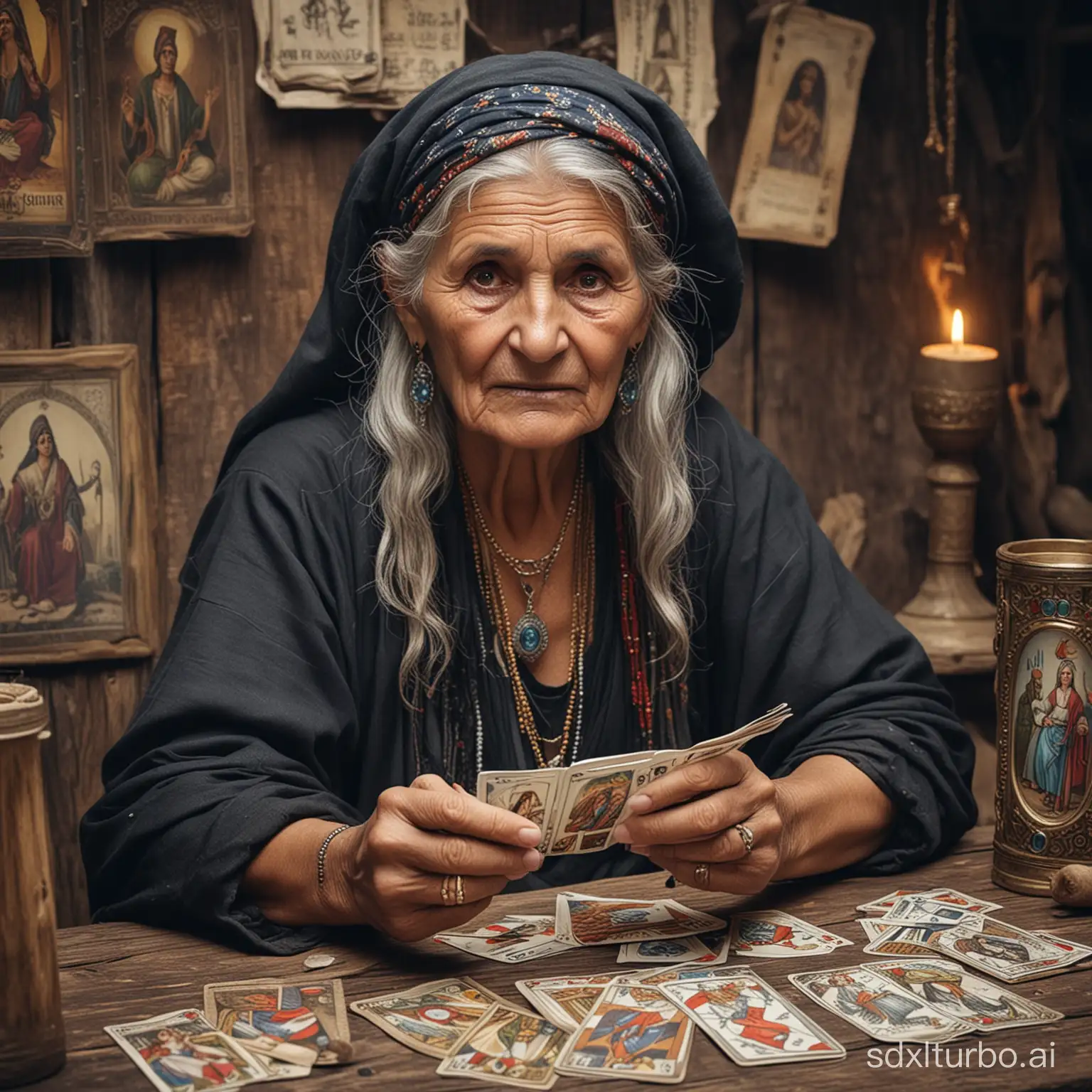 Mystical-Gypsy-Fortune-Teller-with-Tarot-Cards-in-an-Enchanting-Cottage