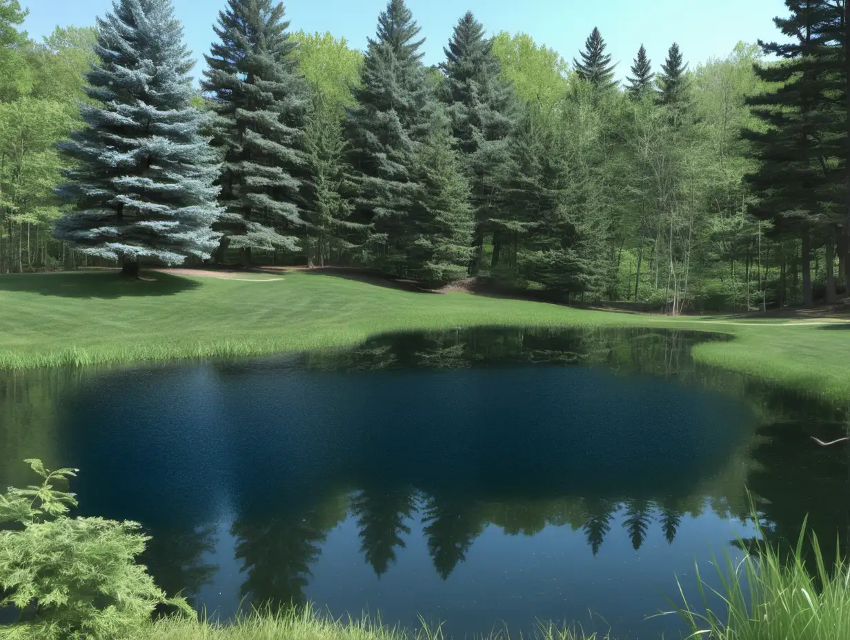  A big pond sits in the middle of a woods with Oak and Maple trees. The pond water is blue and there is one blue Colorado Blue Spruce tree growing at the side of the pond.  The grass is green.