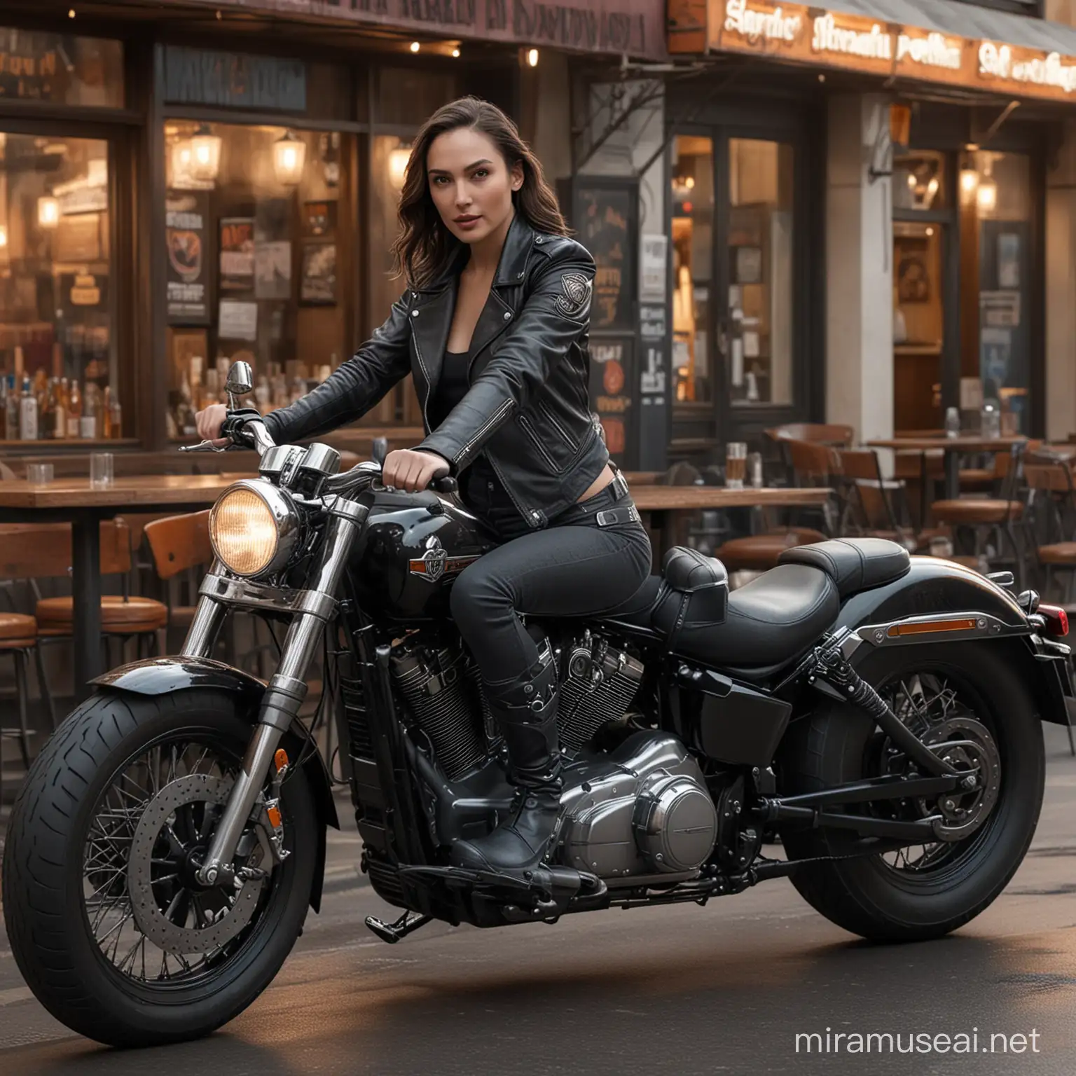image of Gal Gadot dressed as a biker, black boots, black leather jacket, Seeing the Viewer, riding a Harley-Davidson motorcycle, next to a bar-café, ultra-realistic, 32K, detailed texture, sci-fi style, Panoramic photo