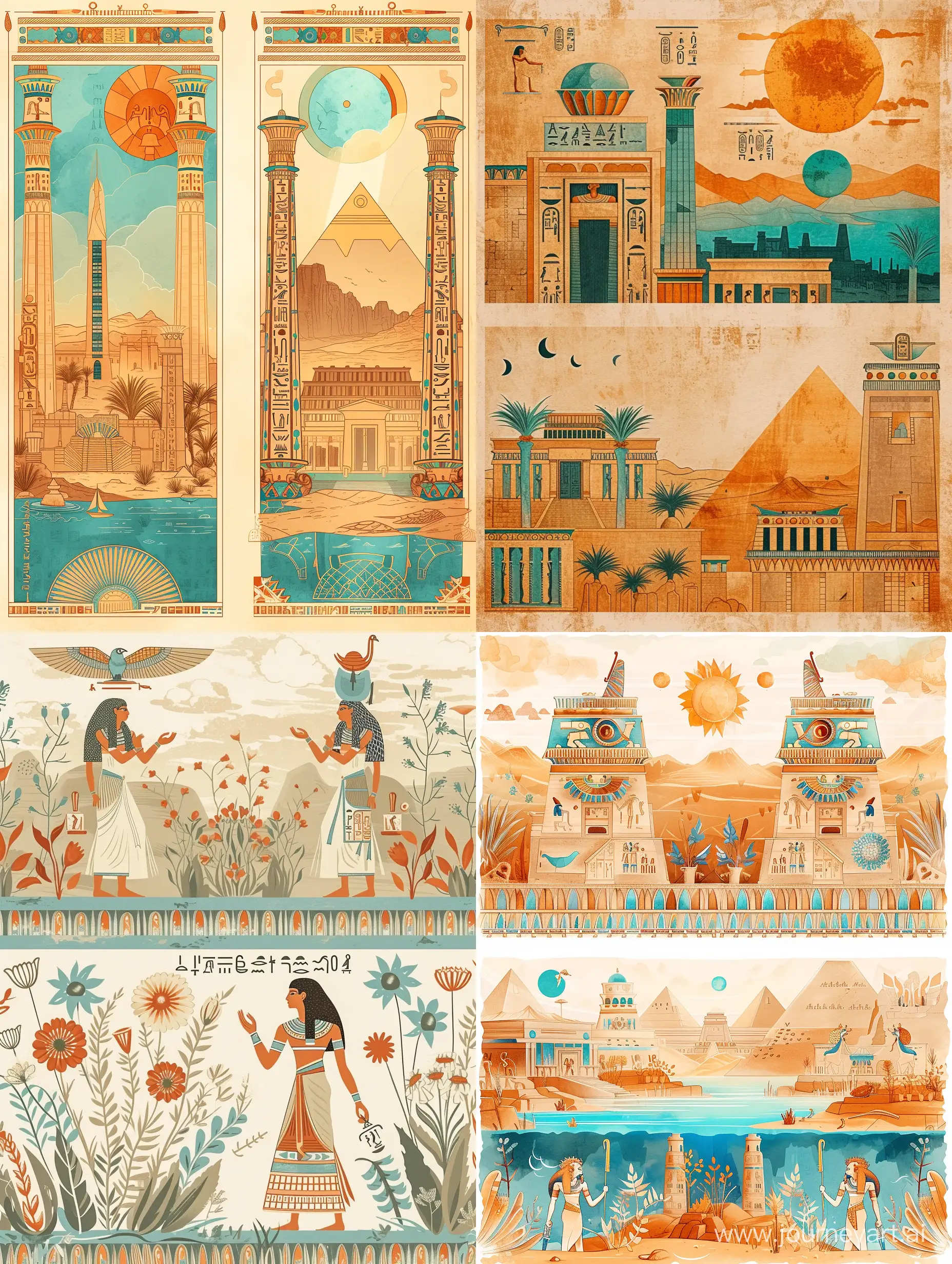 Two variants of the ornamental background, landscape of the ancient civilization of Ancient Egypt, in the old style, delicate, transparent colors, linear, many details, colors of ochre, orange, turquoise, light brown, blue, stylized caricature, watercolor, decorative, flat drawing
