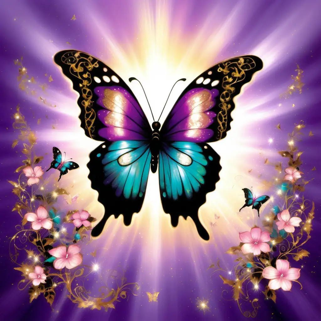 purple background, sunshine, butterfly, with pink and teal colorsplash, wings, filigree, sparkle, glistening, glowing, glittery, bronze White, Black, gold, Thomas Kinkade