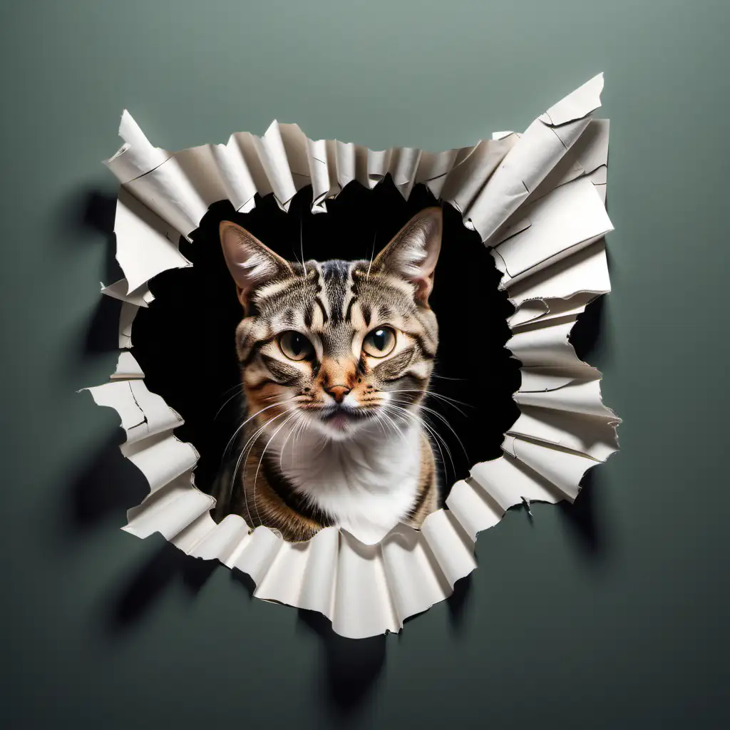 Hyper Realistic Photography of a Cat Emerging from Torn Paper