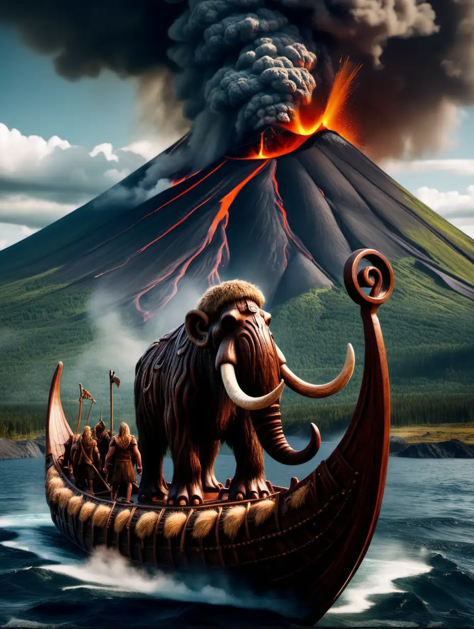 mammoth in a viking ship with volcano in the background