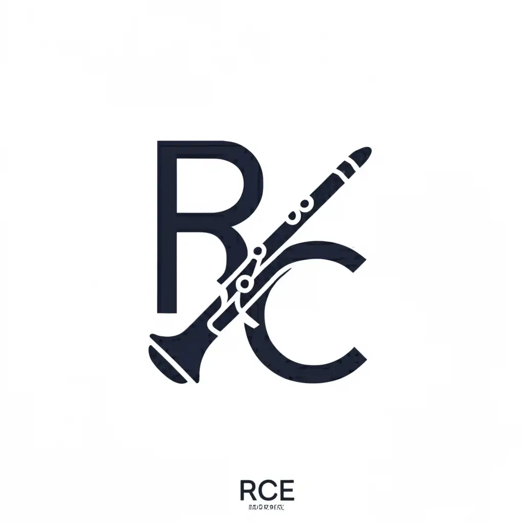 a logo design,with the text 'RCE', main symbol:clarinet,Minimalistic,be used in Entertainment industry, dark background