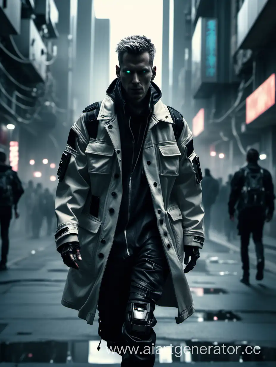 Dystopian future fashion, cyberpunk, white man in jacket walking through city trying to go unnoticed, cinematic shot 