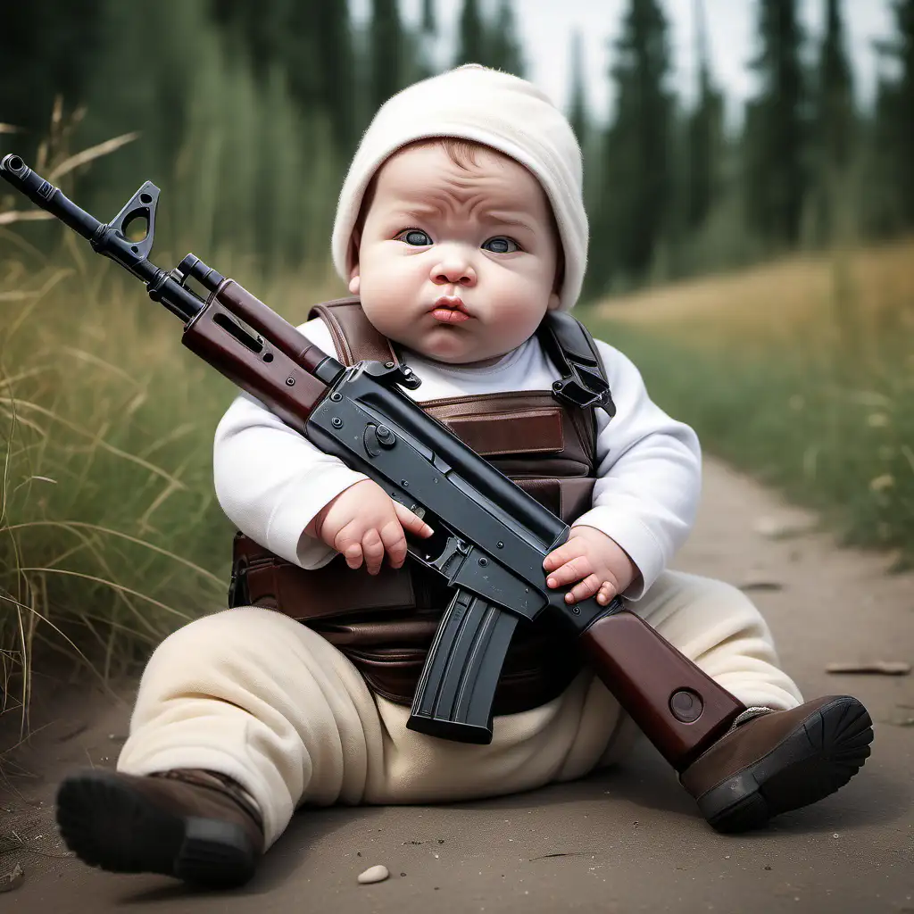 Professional photo of a little fat baby with a Kakashnikov. Take care of realistic details of the characters and carefully compose the frame to reflect both the charm of the baby and the natural surroundings. Use a high-quality camera to capture realistic details, ensure optimal lighting, and adjust the composition to reflect both the scenery of the place and the baby's characters in everyday situations
