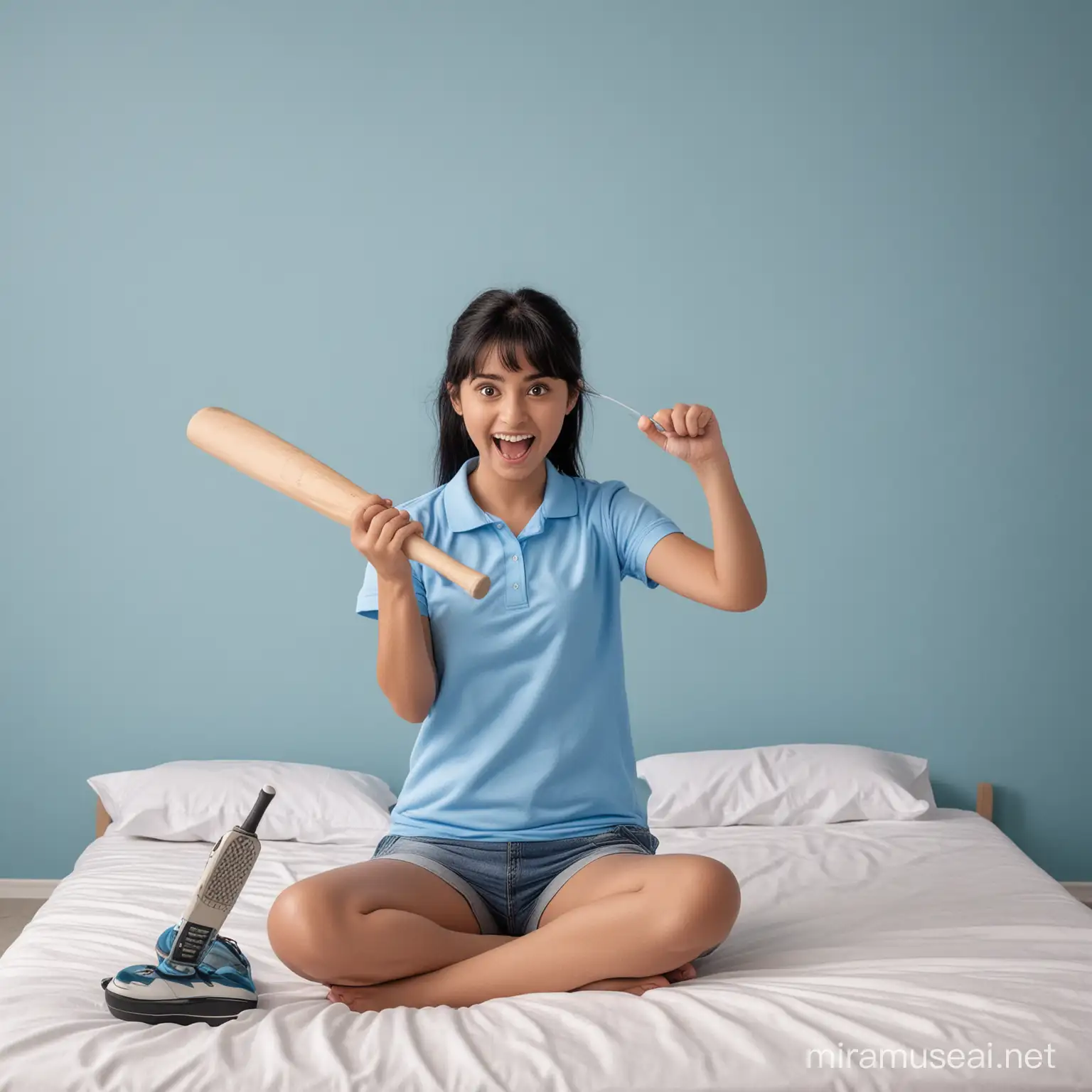 GIRL WITH BLACK HAIR WATCHING TV  ON MATTRESS AND EXCITED HOLDING CRICKET BAT AND TV REMOTE IN ONE HAND. SHE IS WEARING SPORTS POLO TSHIRT BLUE COLOUR. FRONT VIEW.
