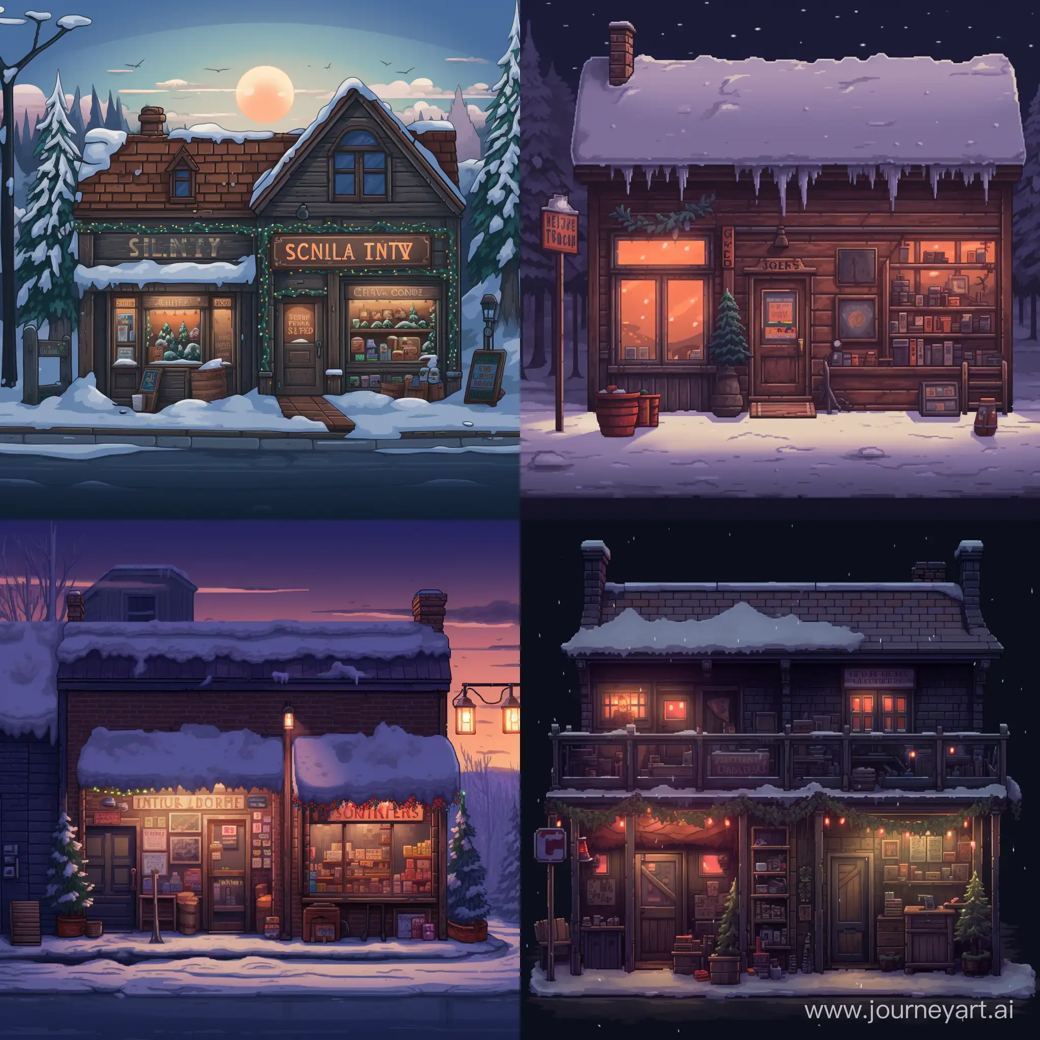 Generate a lonely store in the winter in a very small town, It should be in 8-bit style, but at the same time have dark colors and the store have a very warm entry