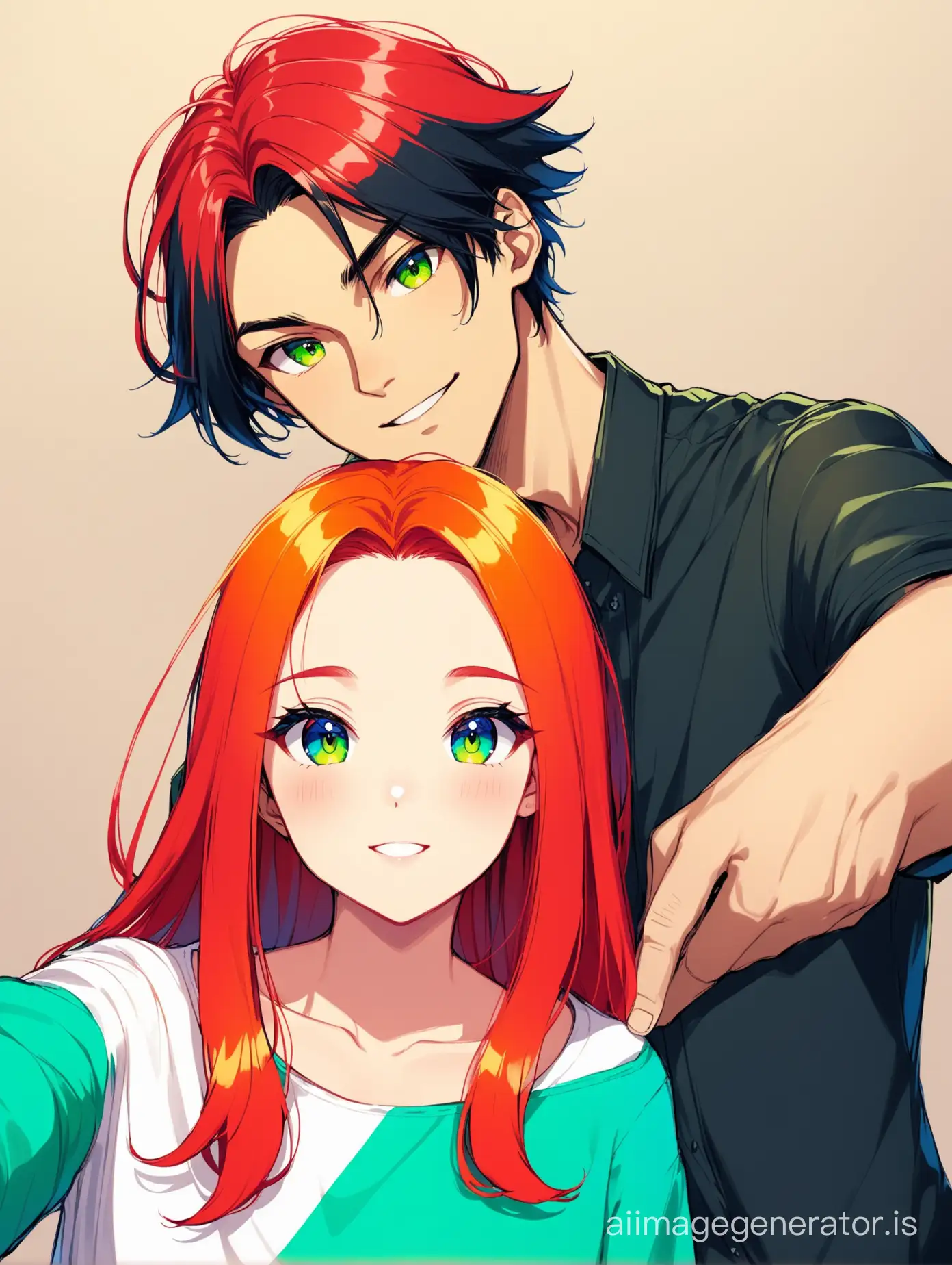 Selfie girl with bright red hair dressed in clothes of yellow, blue, and green colors, with a guy with black hair who is taller than her dressed in clothes of white, blue, red colors