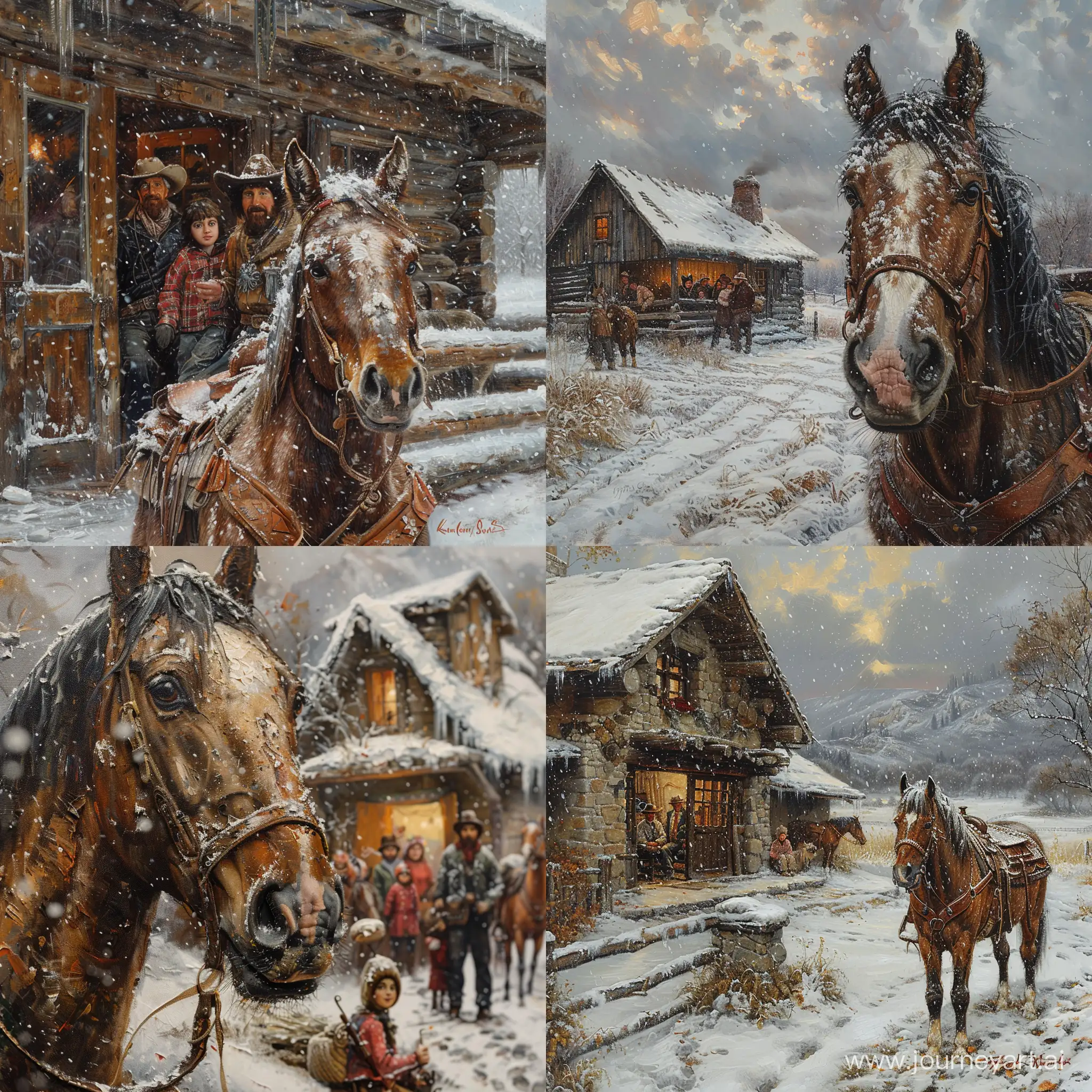   realistic painting  a familly inside a house in  snow in western countries  horse focus highly detailed --style raw --stylize 750  --v 6