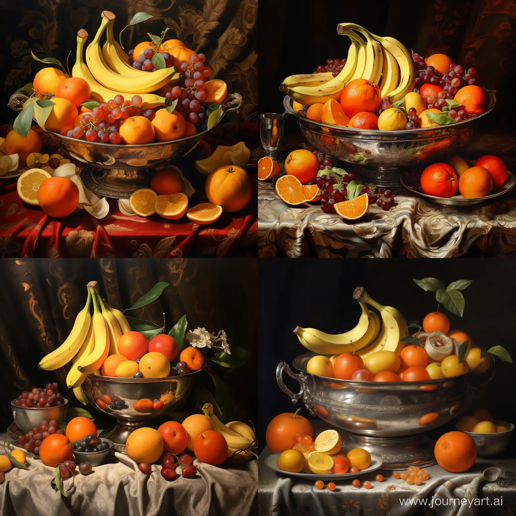 生中果盆, 有柑及香蕉放於大銀盆中, 背景洒金黃箋, 16世紀油畫風