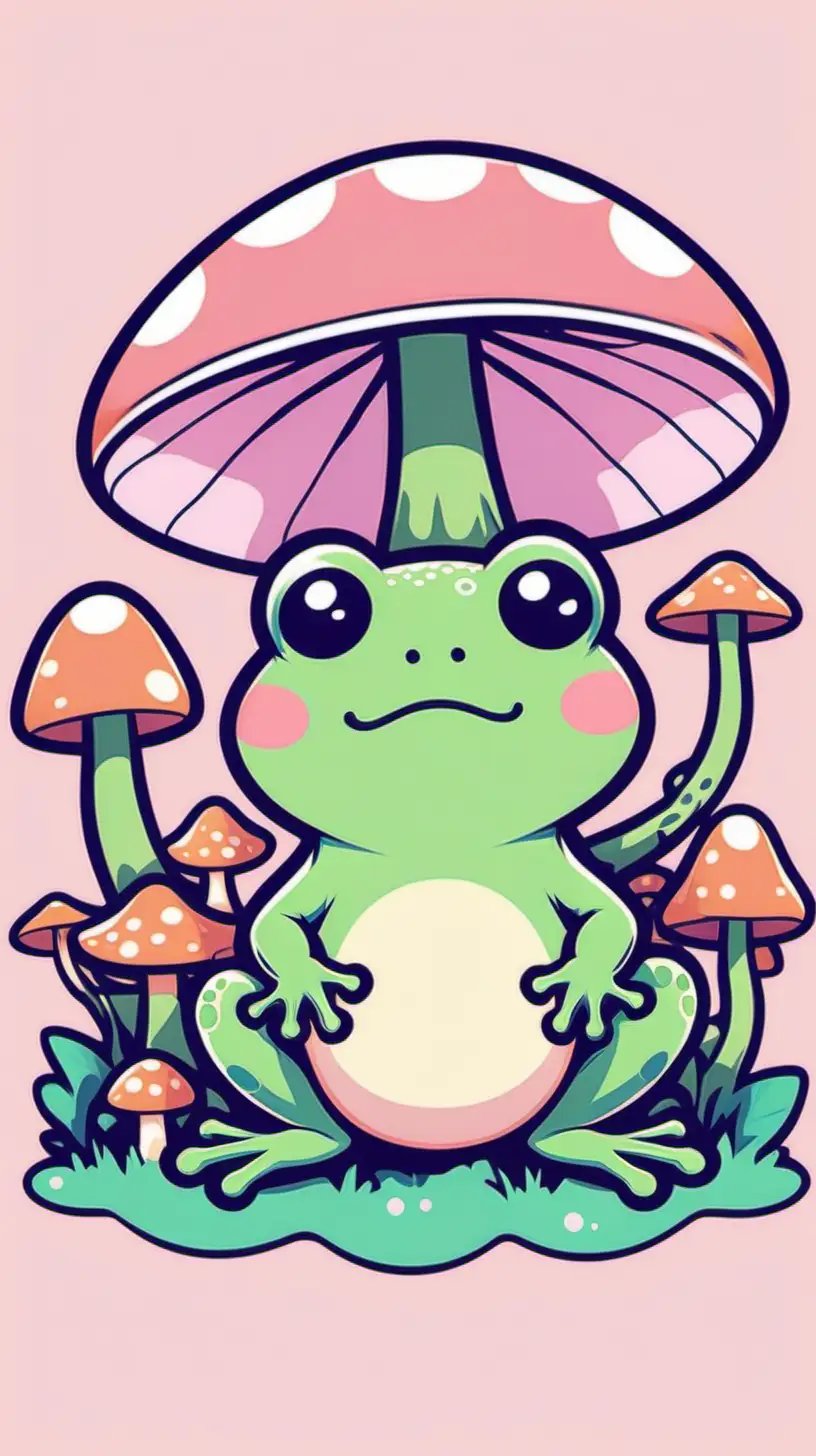 STYLE: flat vector illustration | SUBJECT: cottagecore frog with mushrooms | AESTHETIC: super kawaii, bold outlines | COLOR PALLETTE: pastels | IN THE STYLE OF: Sanrio — niji 5 — s 50