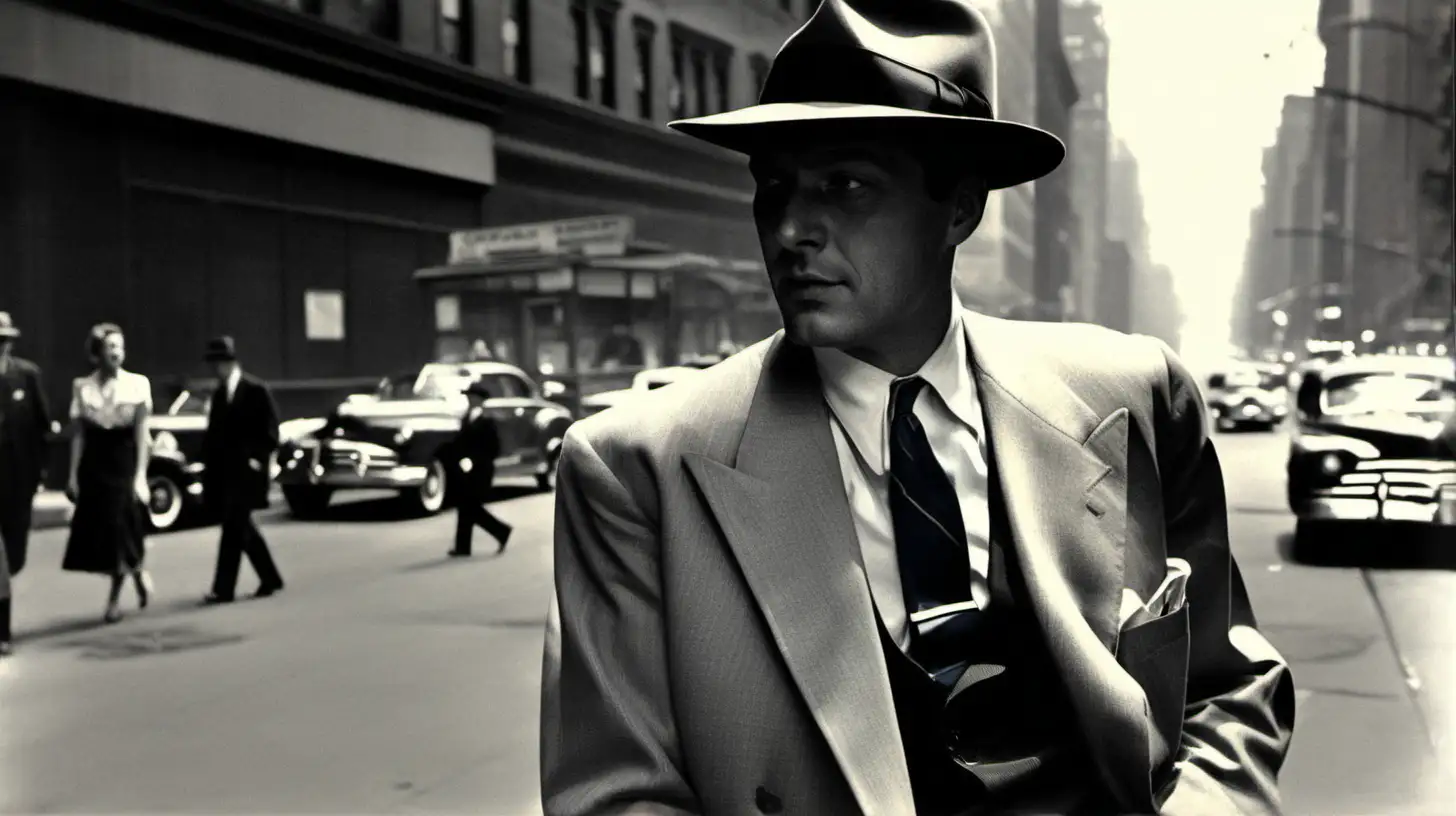 William Gargan, 1951, on a Manhattan street, wearing a fedora and suit, neon colors. Vintage retro style.