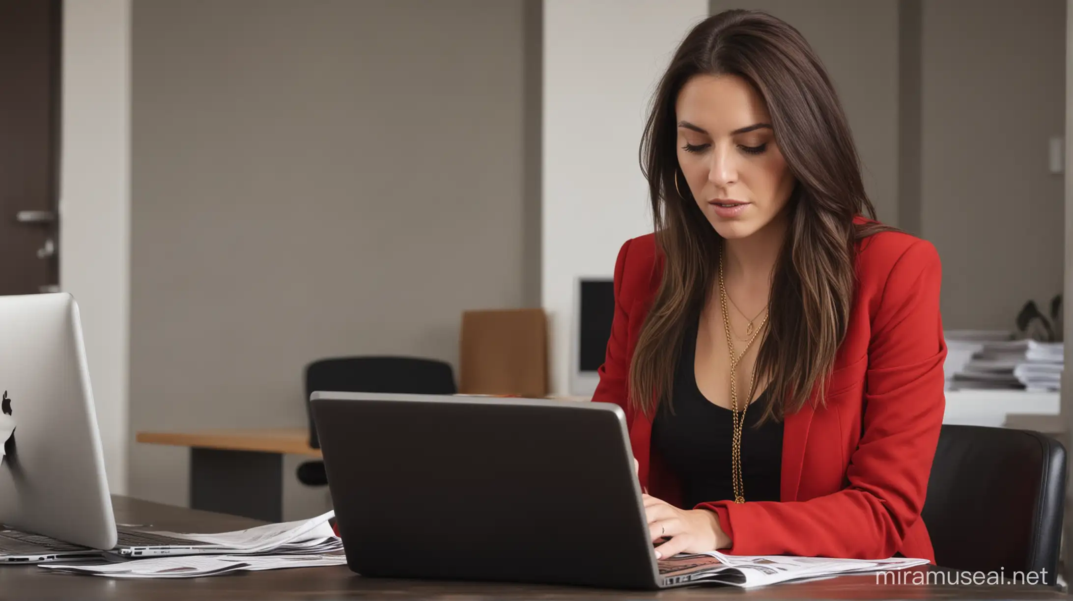 30 year old white woman with long dark brown hair wearing a gold necklace, red blazer, low cut black shirt and black dress pants. She is looking down typing on a generic laptop, crowded modern newspaper office setting
