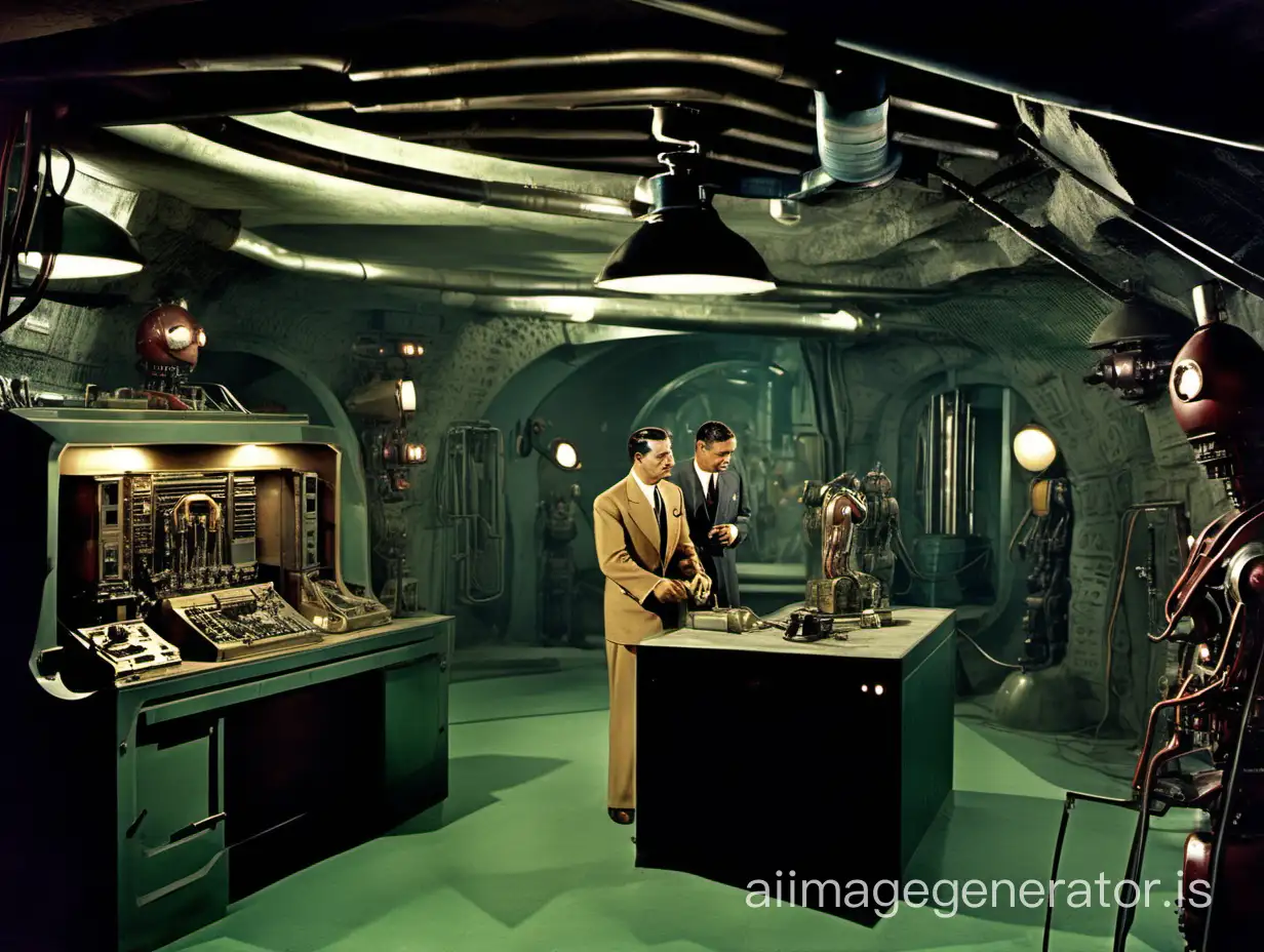 1940s-Spy-Movie-Villains-Secret-Lair-with-Futuristic-Robots