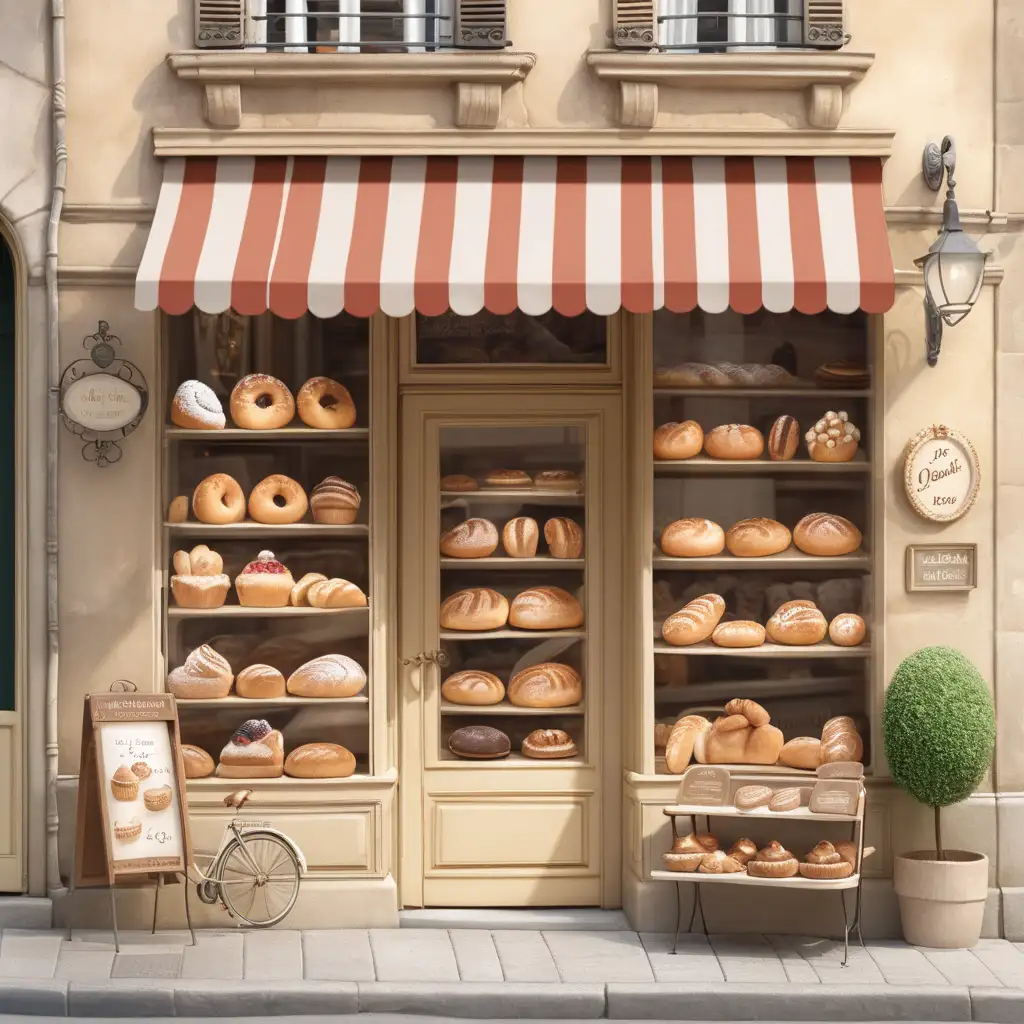 a storefront of a french bakery shop for a fictional story to be read by children ages 5-8