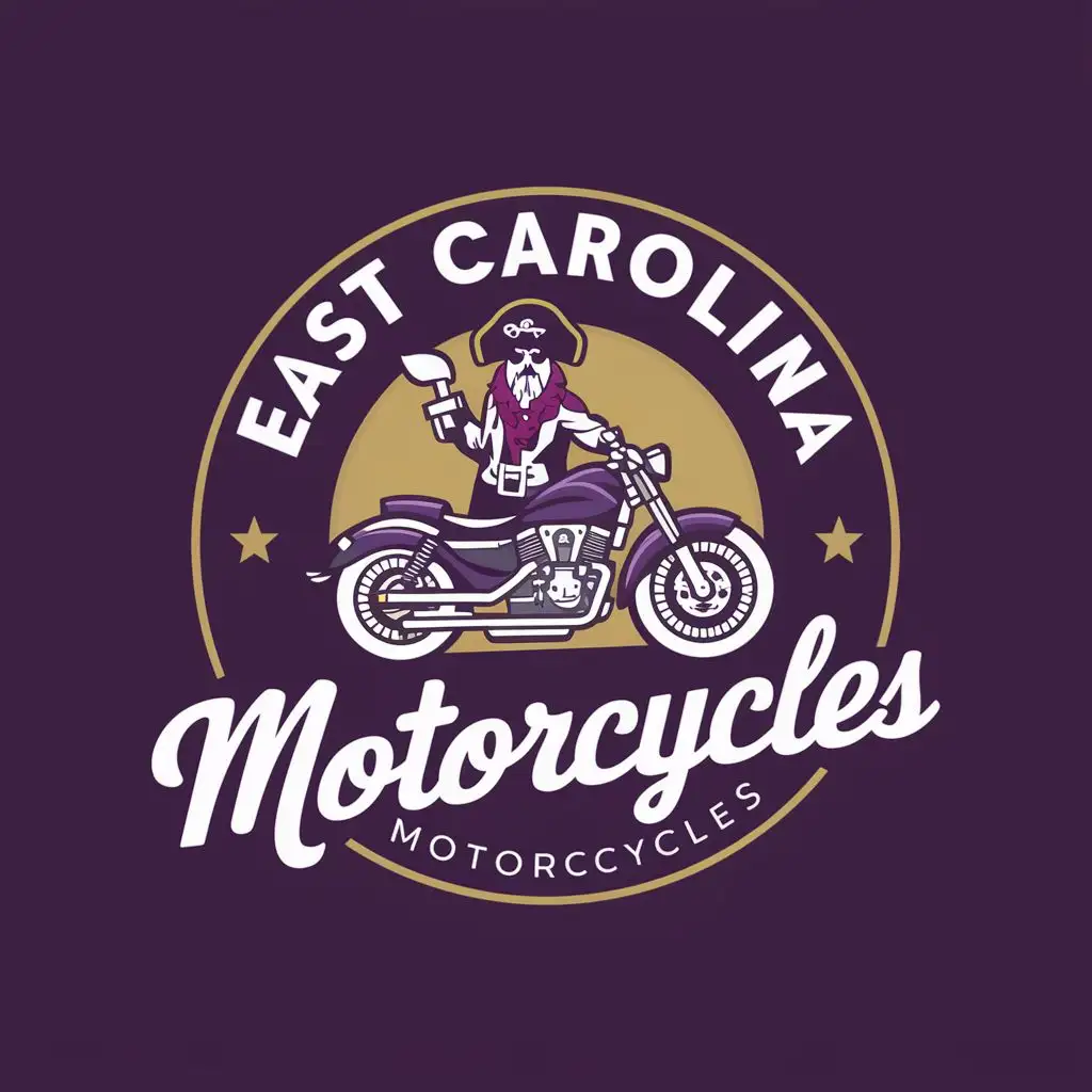 logo, motorcycle, purple, gold, pirate, with the text "east carolina motorcycles", typography