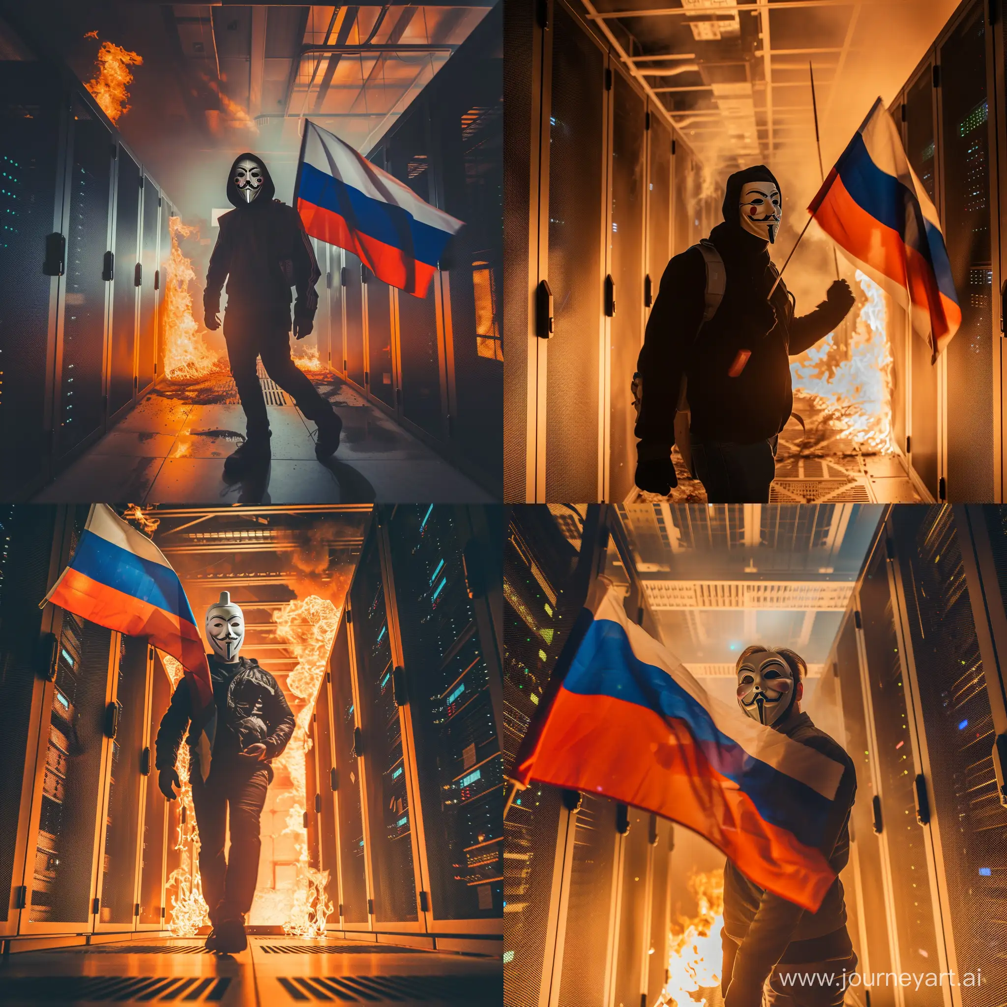 Anonymous-Hacker-with-Russian-Flag-in-Burning-Server-Room