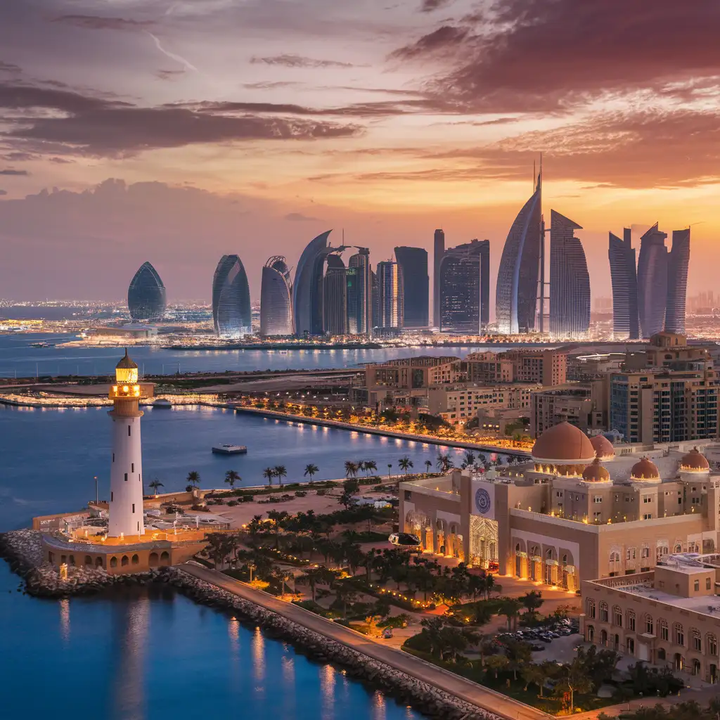 Vibrant Cityscape of Qatar Doha at Sunset