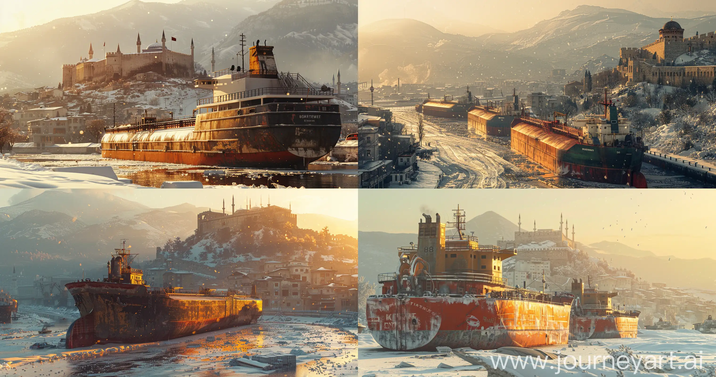 Recyclers whale tankers in the city of Alanya against the background of a fortress, photo taken in the morning in warm sunlight, photography, real, realistic, 8k, bbs, snow, mountains, photorealistic, over-detailed, winner of the shutterstock competition, verdadism, stock photo, Photography, prime lens (35 mm), stockphoto --ar 17:9 --v 6