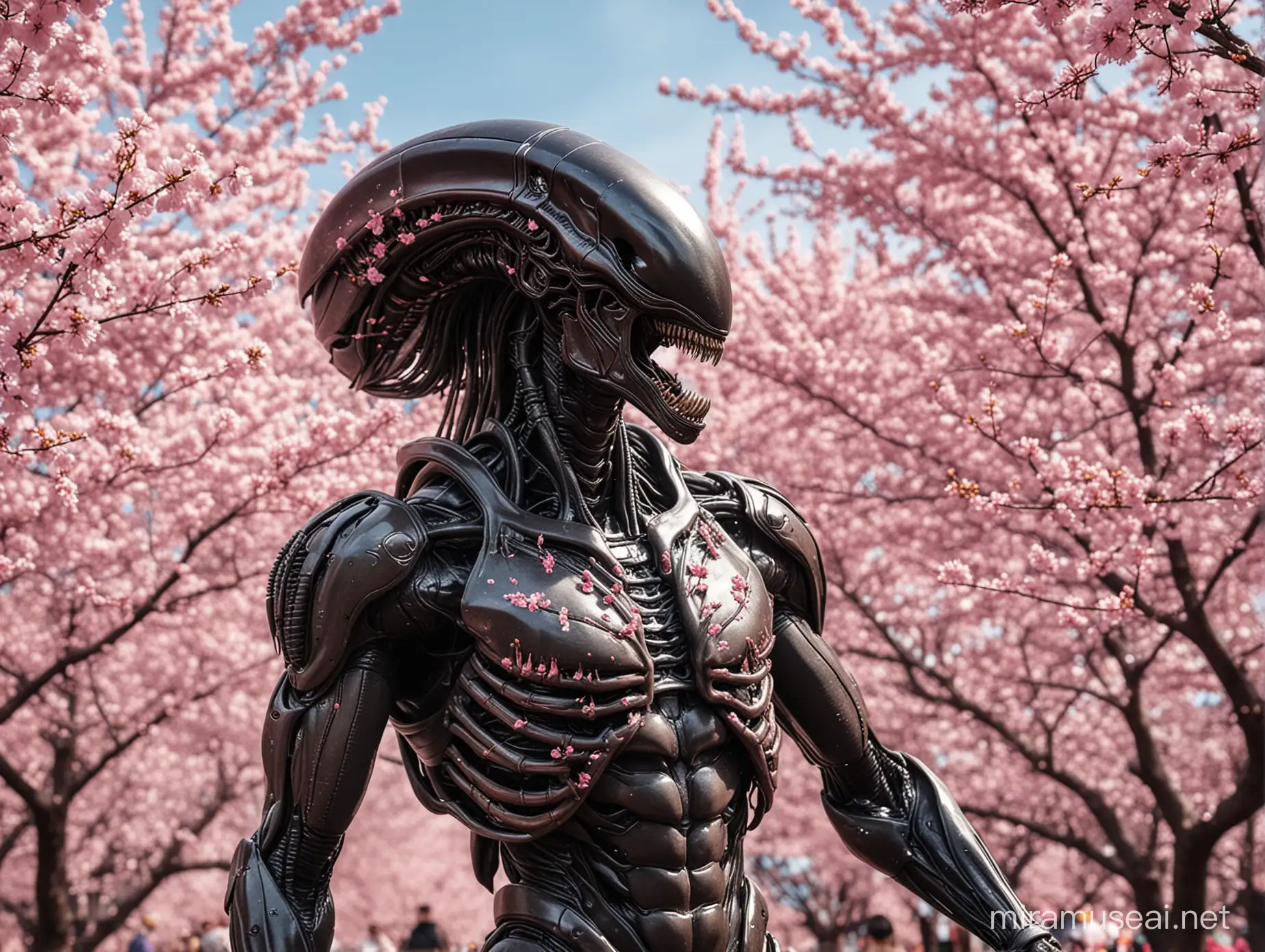 Xenomorph at Cherry Blossom Festival Extraterrestrial Embracing Earthly Beauty