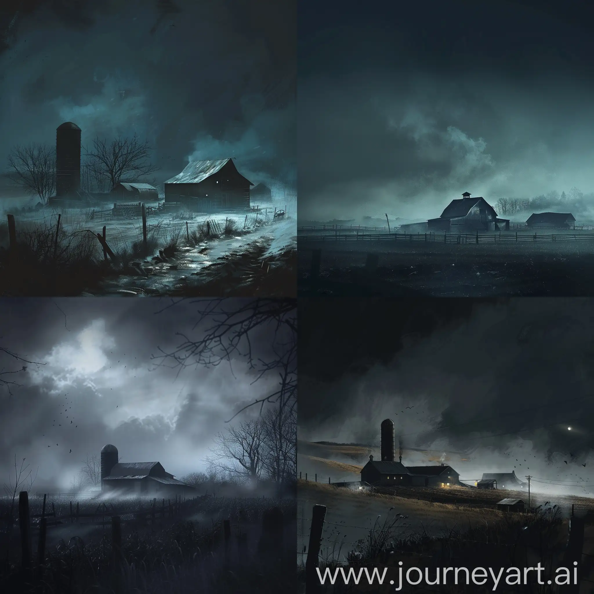 a dark, foreboding scene of a farm shrouded in mist
