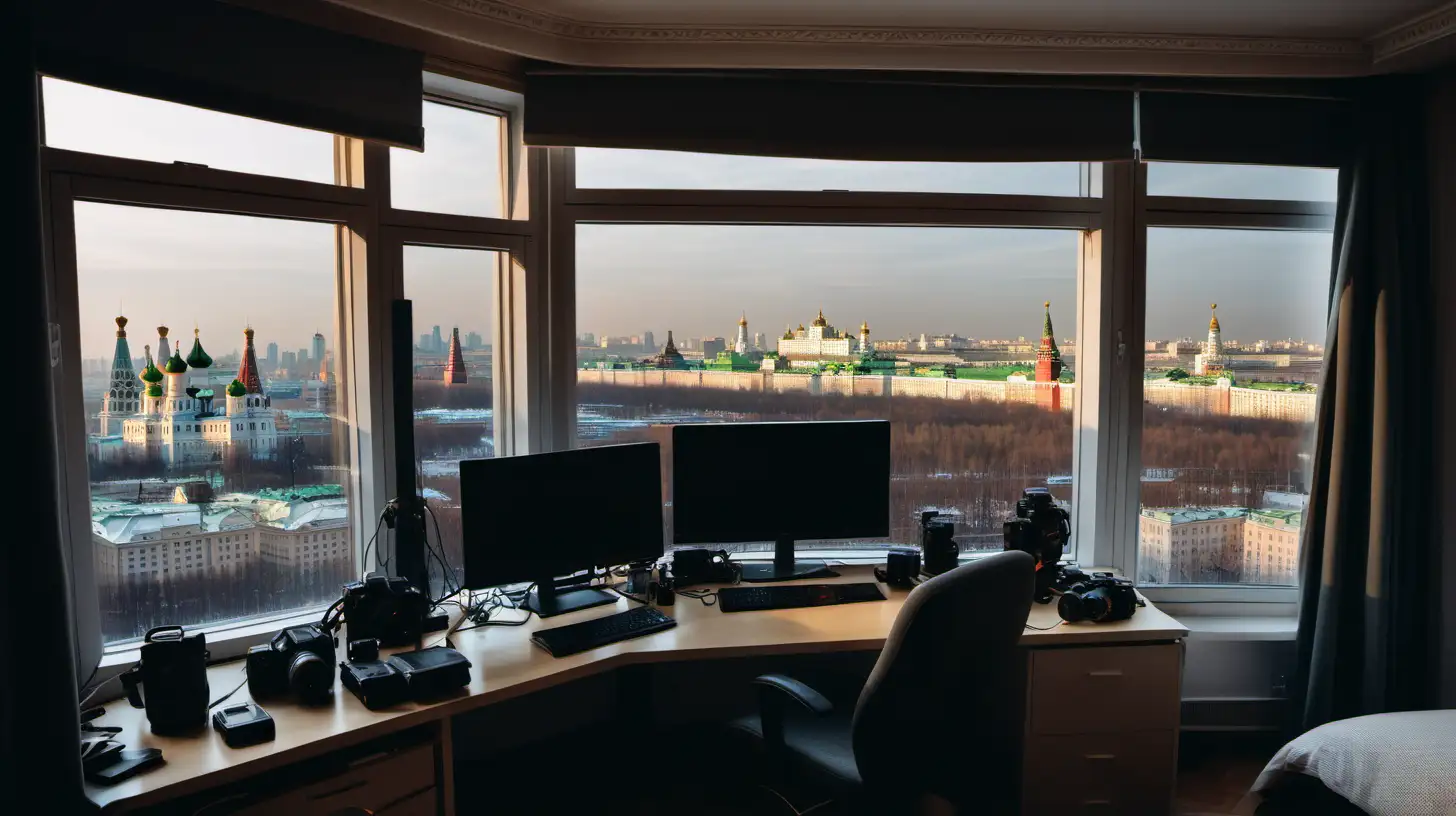 уятная комната с компьютером, телефоном, камерами, столом и видом на Москву