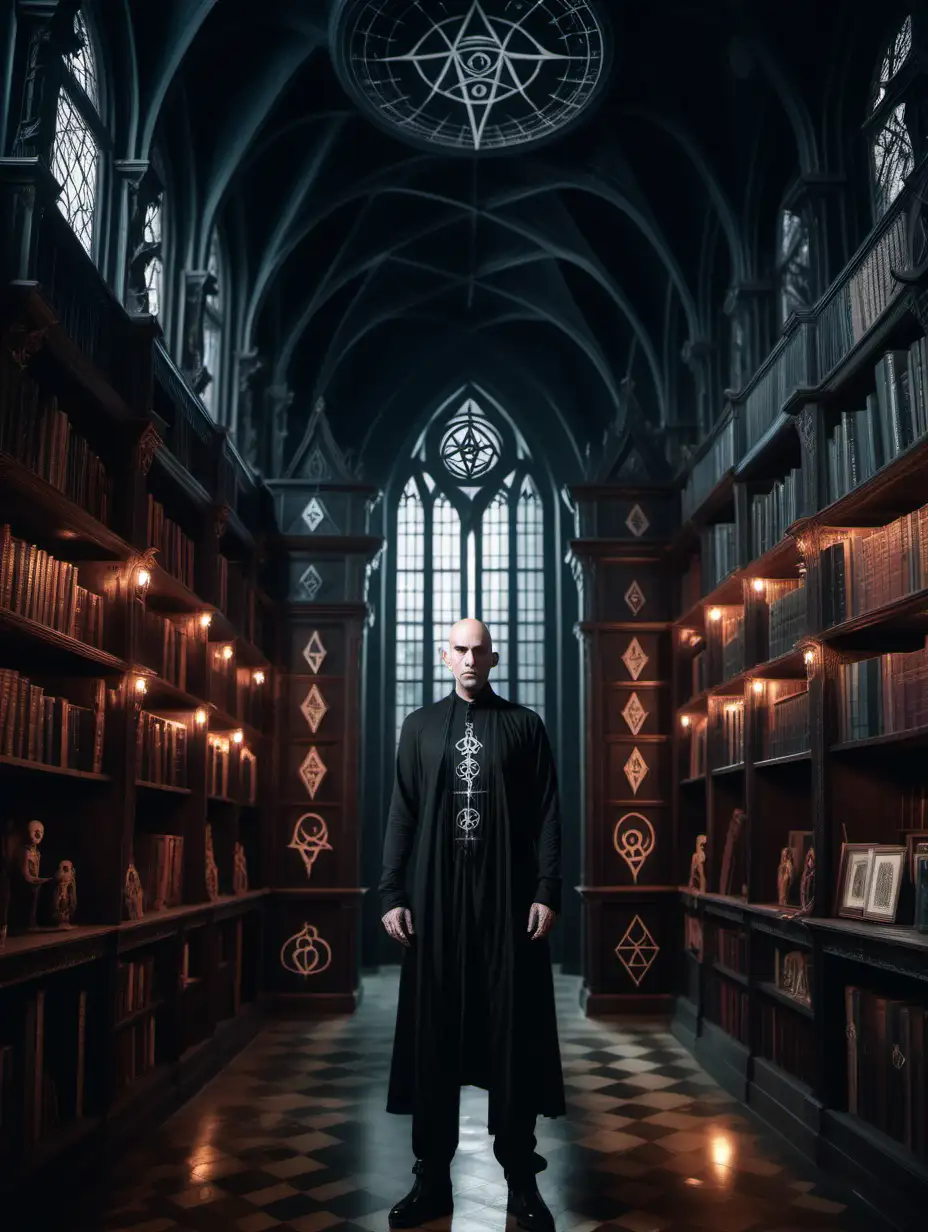 Mysterious Gothic Library Tall Bald Man with Third Eye and Occult Symbols