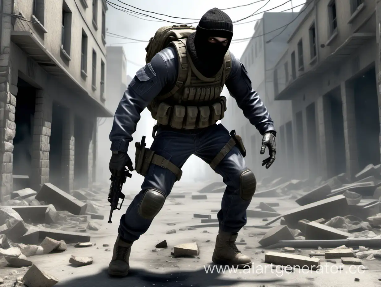 call of duty agent in balaclava trying to raise something from the battle field, visible legs, full body pic, bare hands
