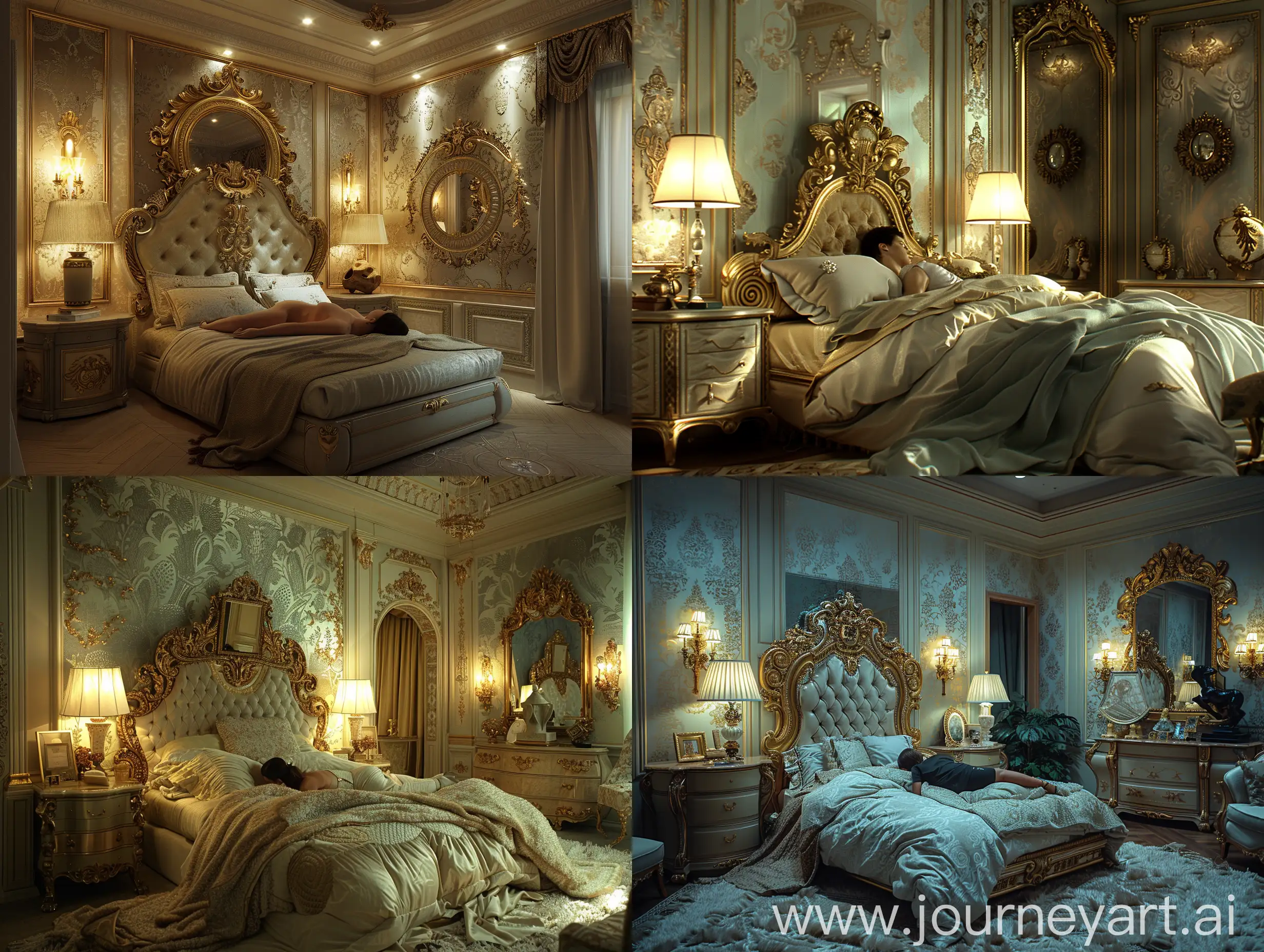 image shows a luxurious, dimly lit bedroom with classic and opulent design elements. There is a bed with an ornate golden headboard, a person lying down, a nightstand with a lamp, a large mirror with a golden frame, elegant wallpaper, and decorative elements like a sculpture or wall art. The room exudes a sense of classical luxury and comfort --style raw --stylize 750.