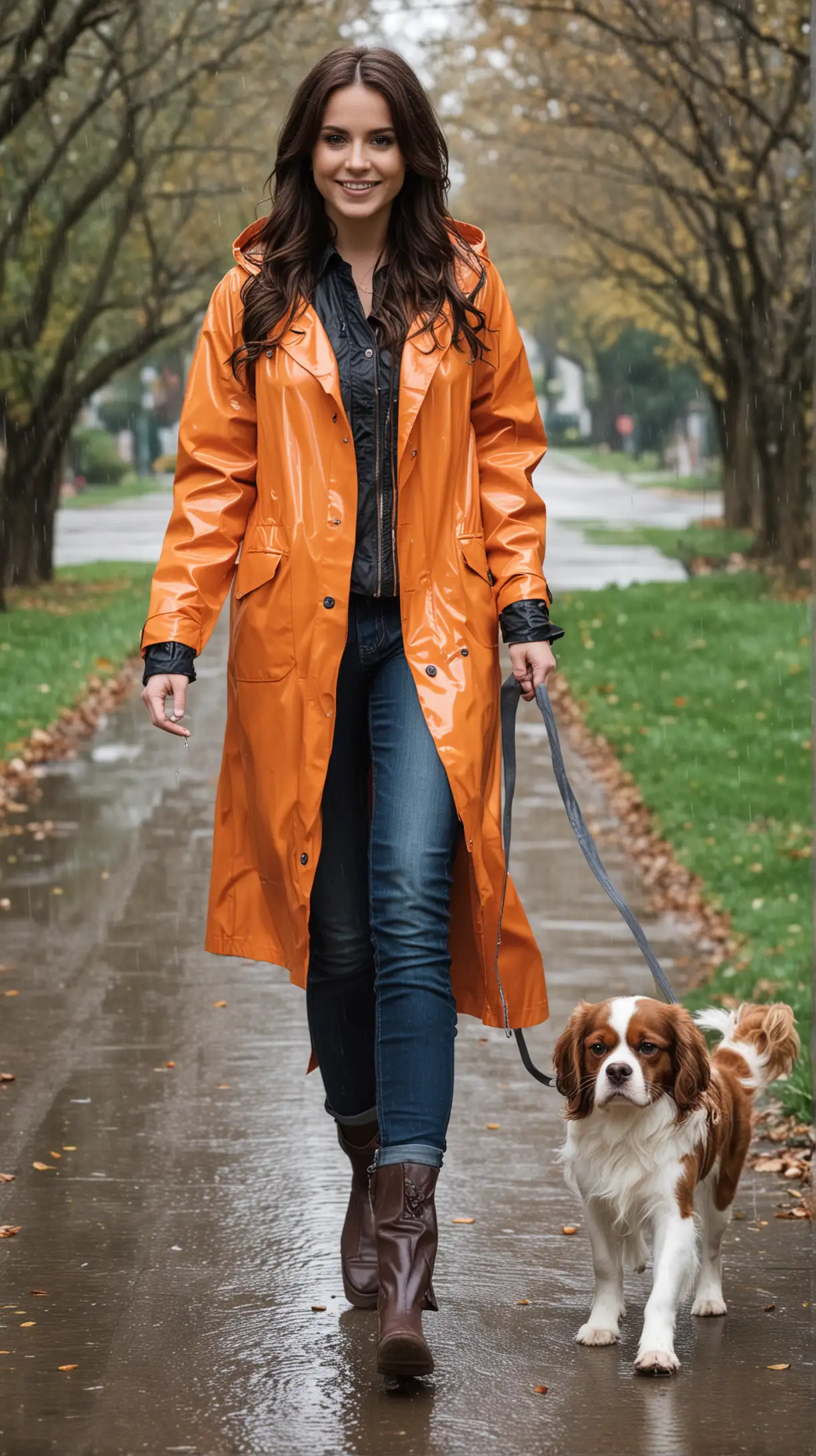 25-year-old Jordan Claire Robbins with long, dark, brunette hair wearing Raincoat while walking a Cavalier King Charles Spaniel