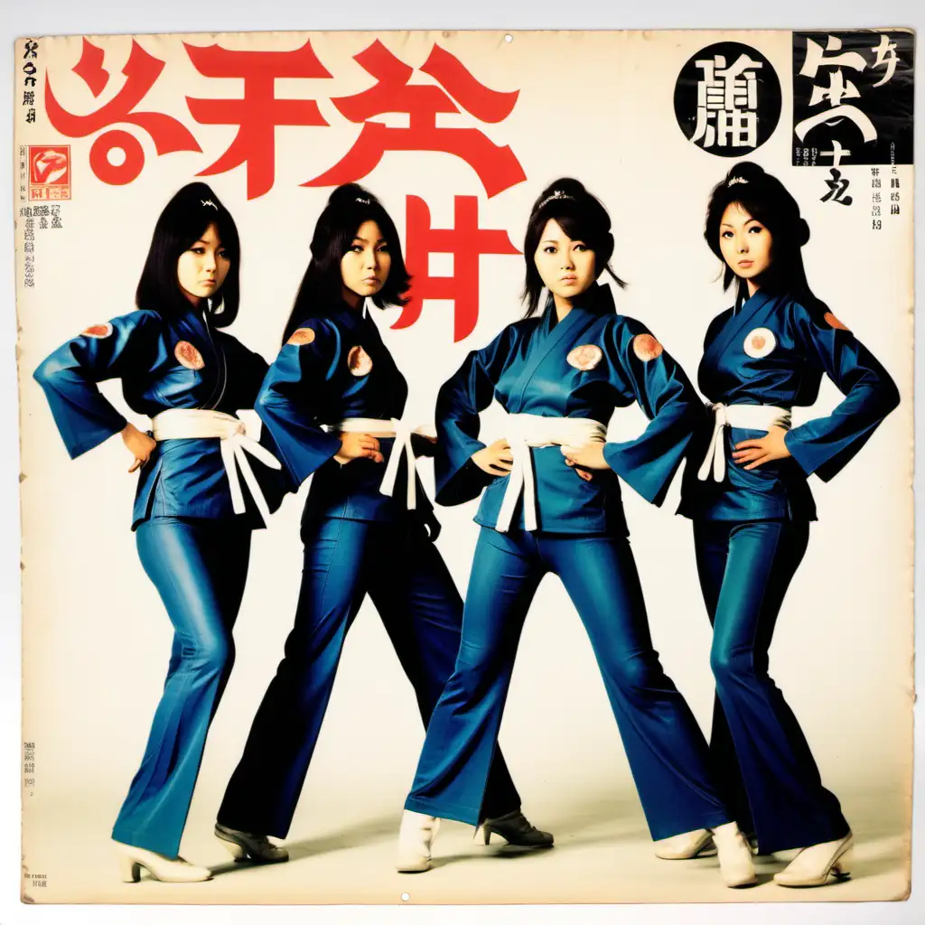 record sleeve for 1970s j-pop group, with four female Japanese singers dressed in outfits which combine samurai theme and world war 2 theme. Adopting fighting pose. Title is “Zero Fighter”. Includes company logo and price markings, slightly worn condition