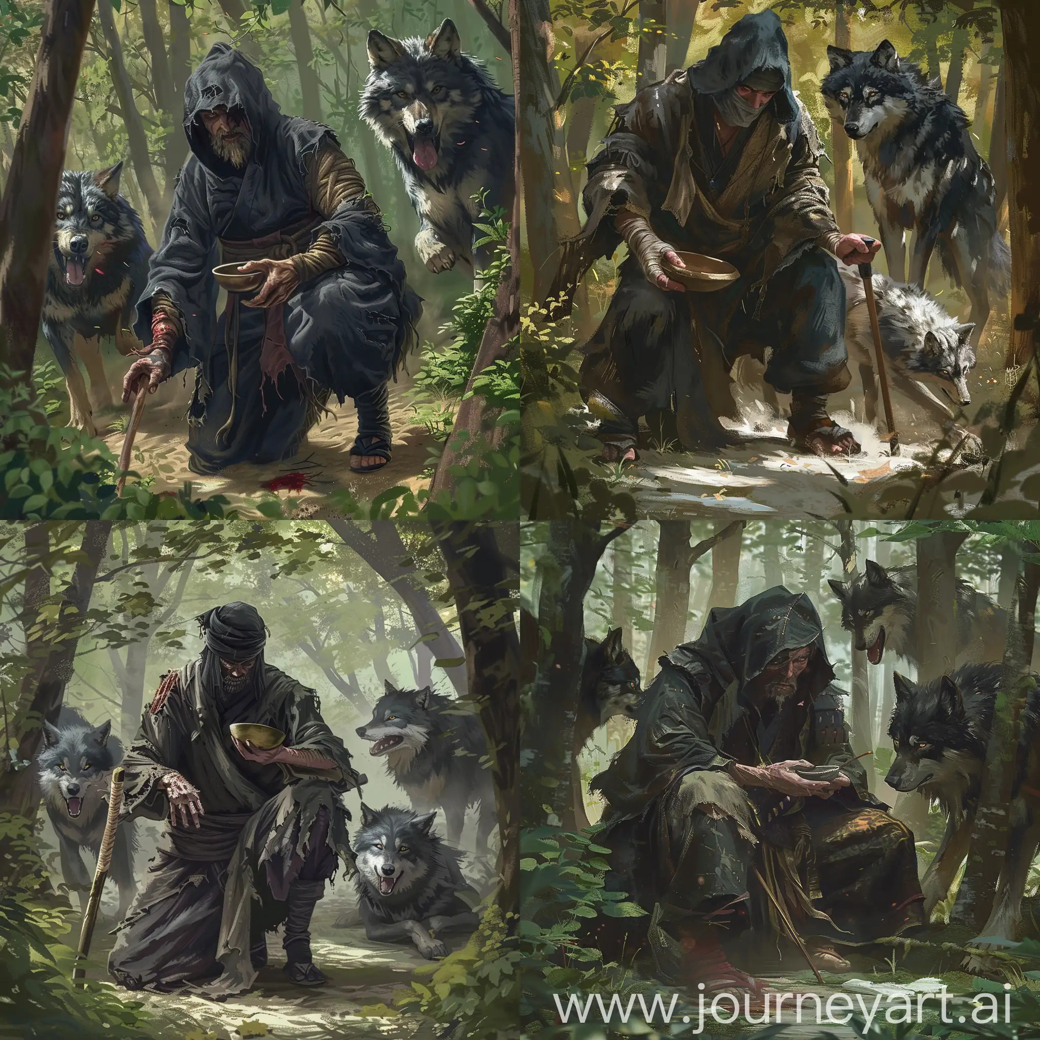泽连司机穿着忍者破衣服端着碗乞讨，拄着拐杖，在森林里被 3 野狼追逐
